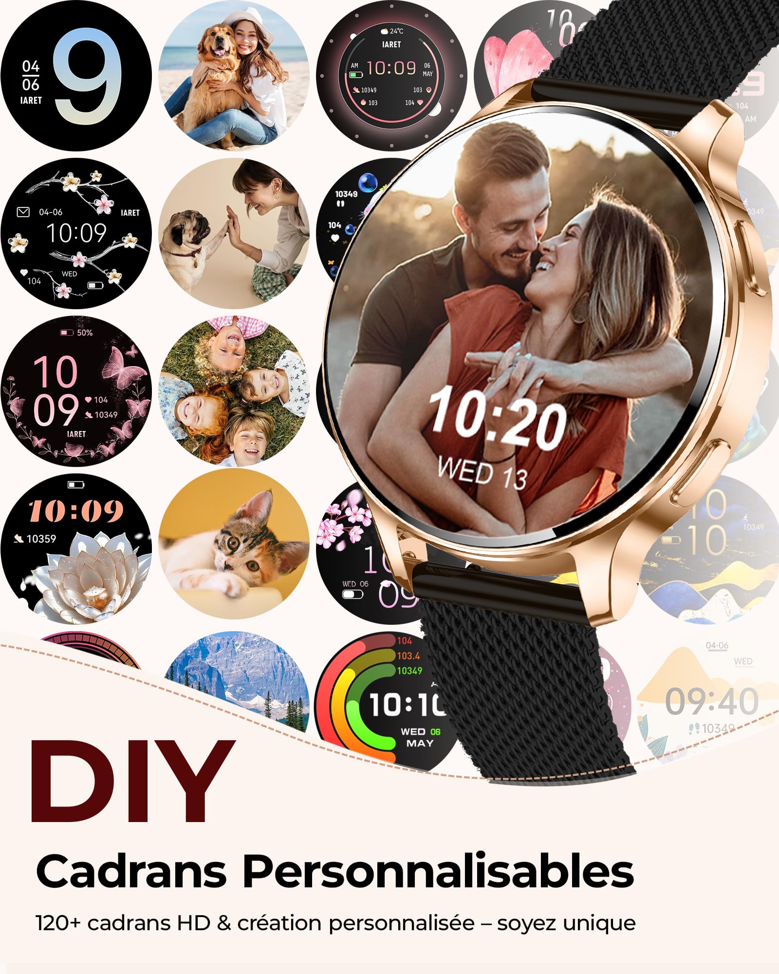 Iaret Montre Connectée Femme avec 3 Bracelets, 1,27" Écran AMOLED Always-on, Appel Bluetooth, 120+ Modes Sport, SpO2/Cardio/Sommeil, Smartwatch Ronde pour Android iOS, Cadeau (Or Noir)