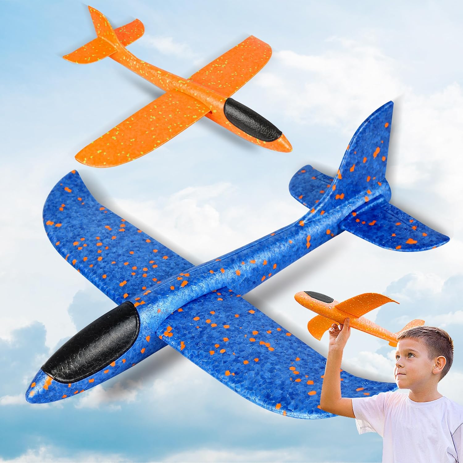 2 Pcs Foam Airplanes for Kids, 13.3'' Throwing Foam Glider Planes Toys, Flying Styrofoam Kid Airplanes Toy for 3 4 5 6 7 8 9 Year Old Boys Girls with Outdoor Sports Play