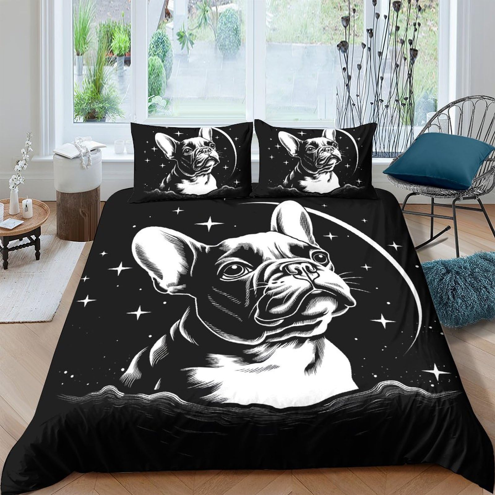 GPLZQXKJNH 3D Printed French Bulldog Black White Duvet Cover Microfiber Soft Breathable Cartoon Dog Bedding Set with 2 Pillowcases for Bedroom Home Decor Single（135x200cm）