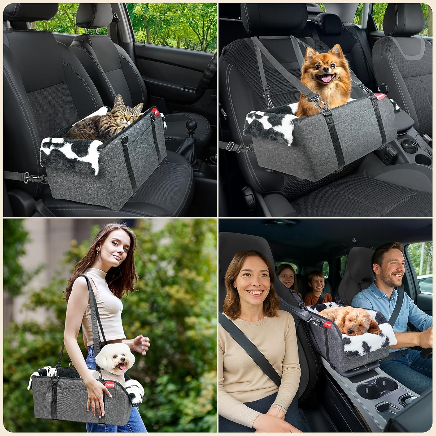 BurgeonNest Center Console Small Dog Car Seat - Portable Pet Cat Puppy Booster Armrest Carseat Up to 11lbs, Anti-Collapse Comfort Car Travel with Washable Fluffy Cushion and Pillow, Milk Cow