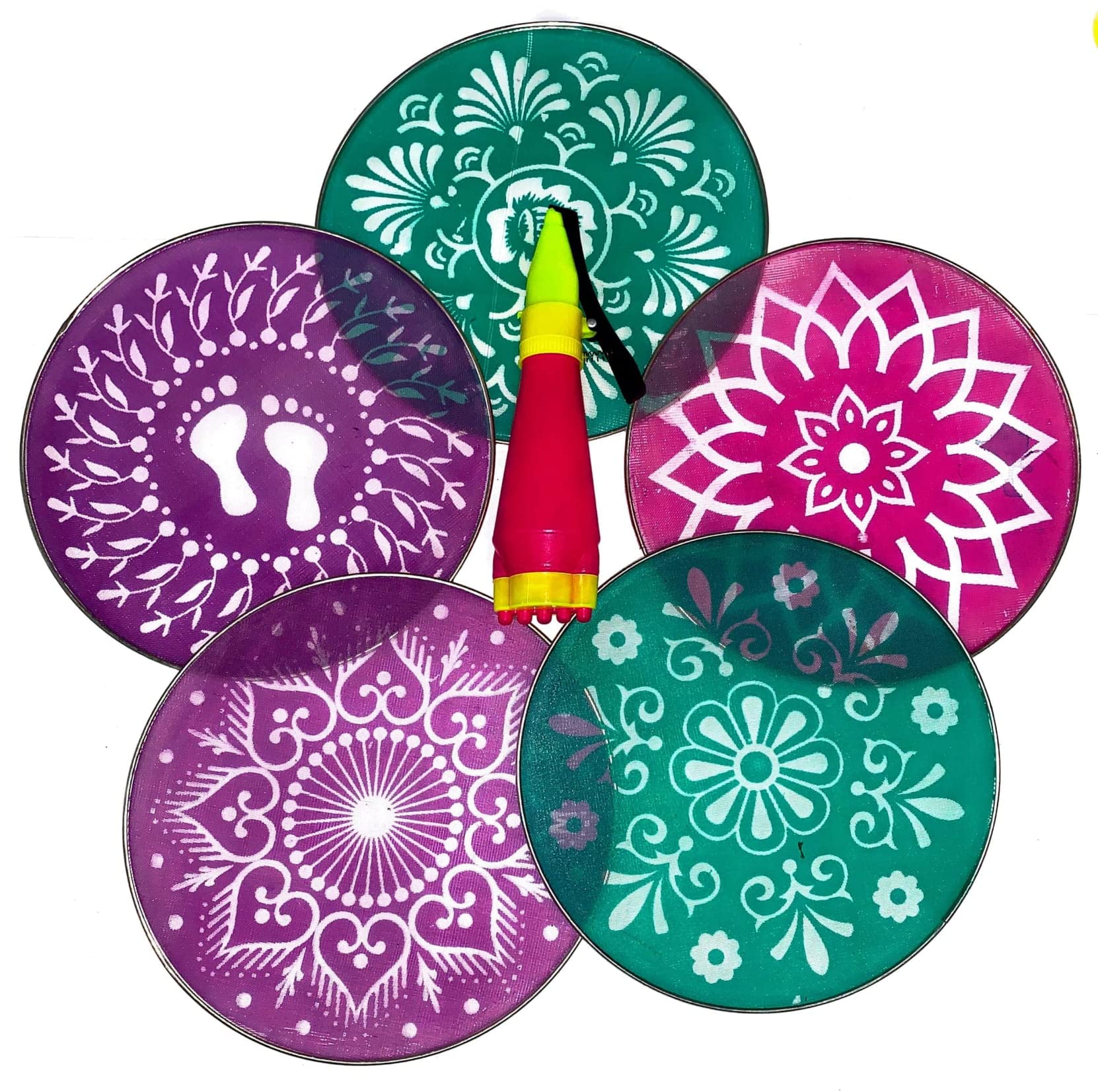 Rangoli Stencil with Rangoli Pen (8 inch, Multicolor) - Set of 4