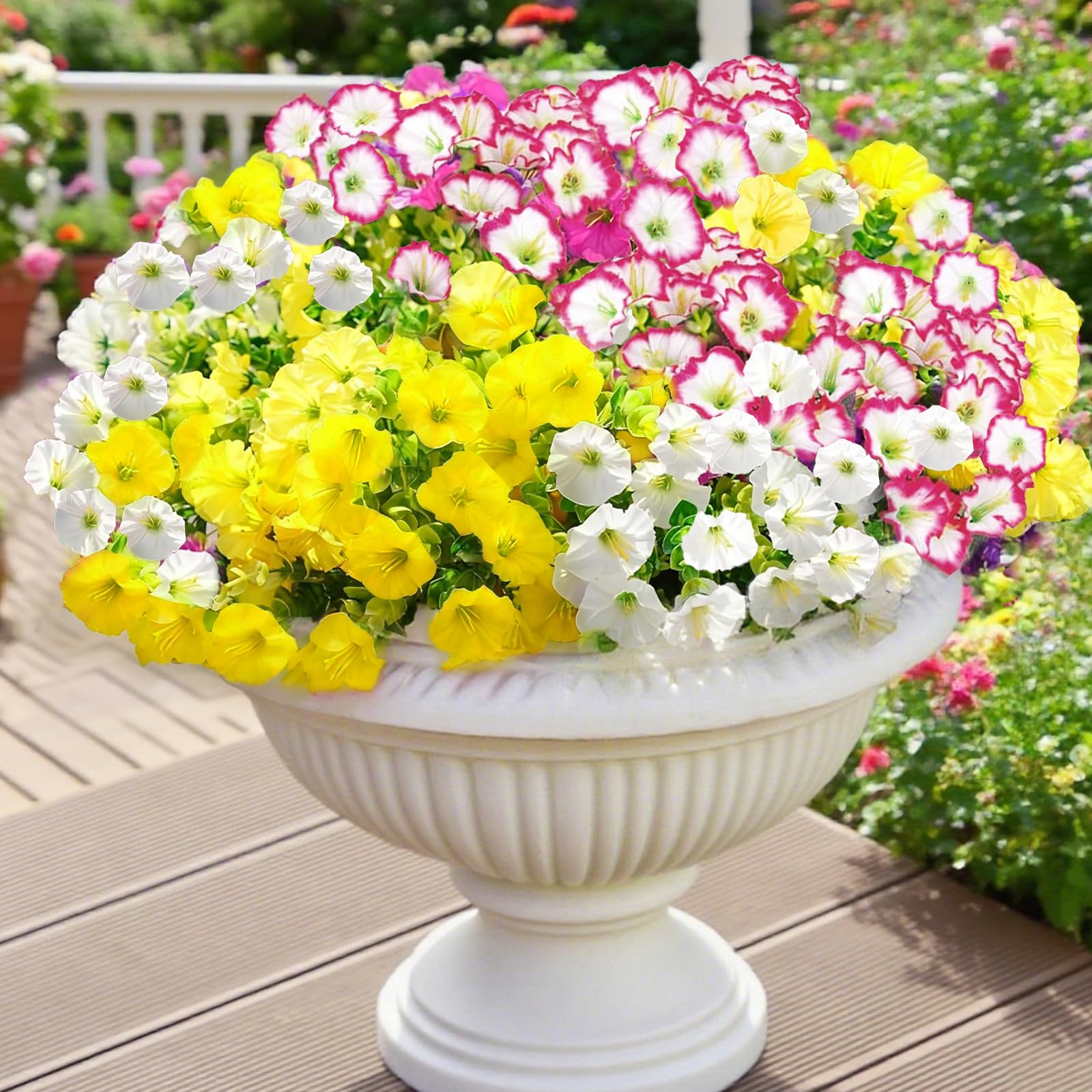 inreeme Artificial Fake Flowers Outdoor - Silk Faux Flowers Look Real for Outside 3 Colors 12 Bundles, UV Resistant Realistic Plastic Plants for Garden, Window, Vase, Pots, Hanging Basket Decoration