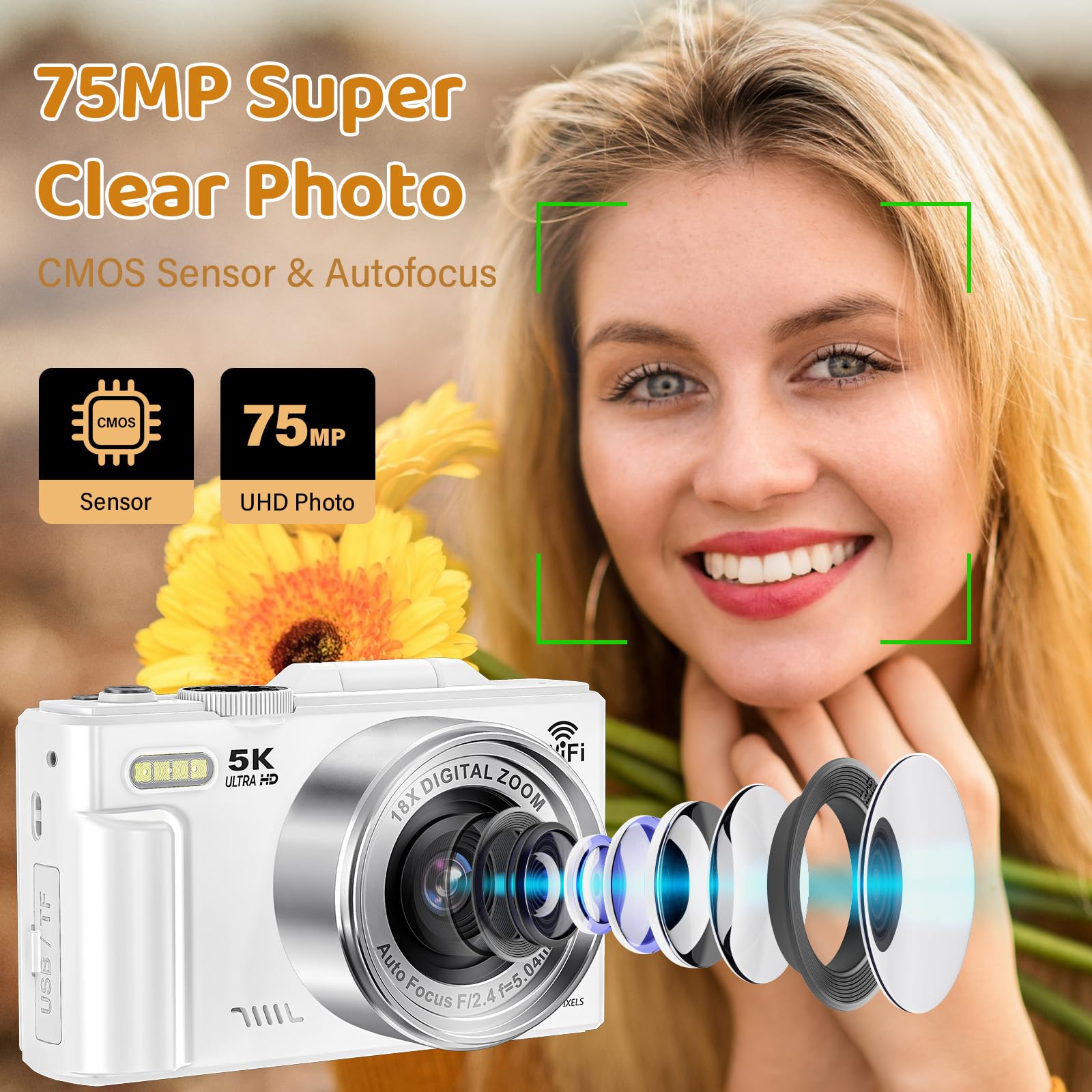 Fotocamera digitale 5K – WiFi 75 MP fotocamera per fotografia – fotocamera UHD Vlogging per YouTube con schermo 3 pollici 180 ° Flip Screen – Autofocus Compact Video Travel Camara con zoom 18X, scheda