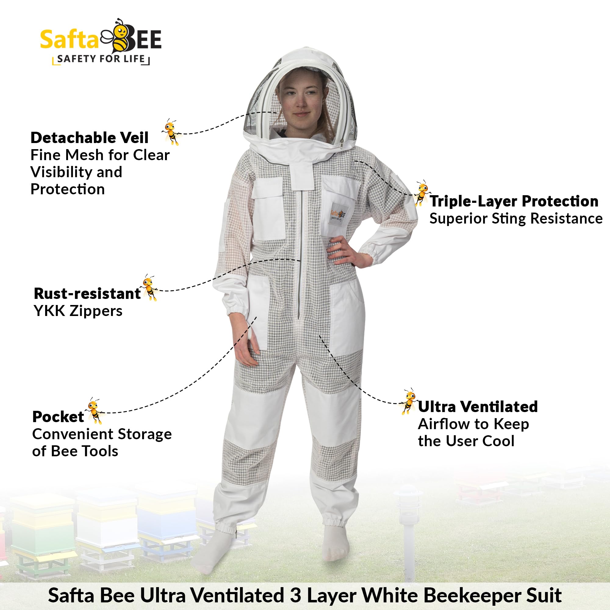 Safta Bee - Tuta da apicoltura per apicoltori professionali, con guanti da apicoltura e velo in rete non infiammabile, morbida, confortevole, durevole, antistingproof anti vespa (XL)
