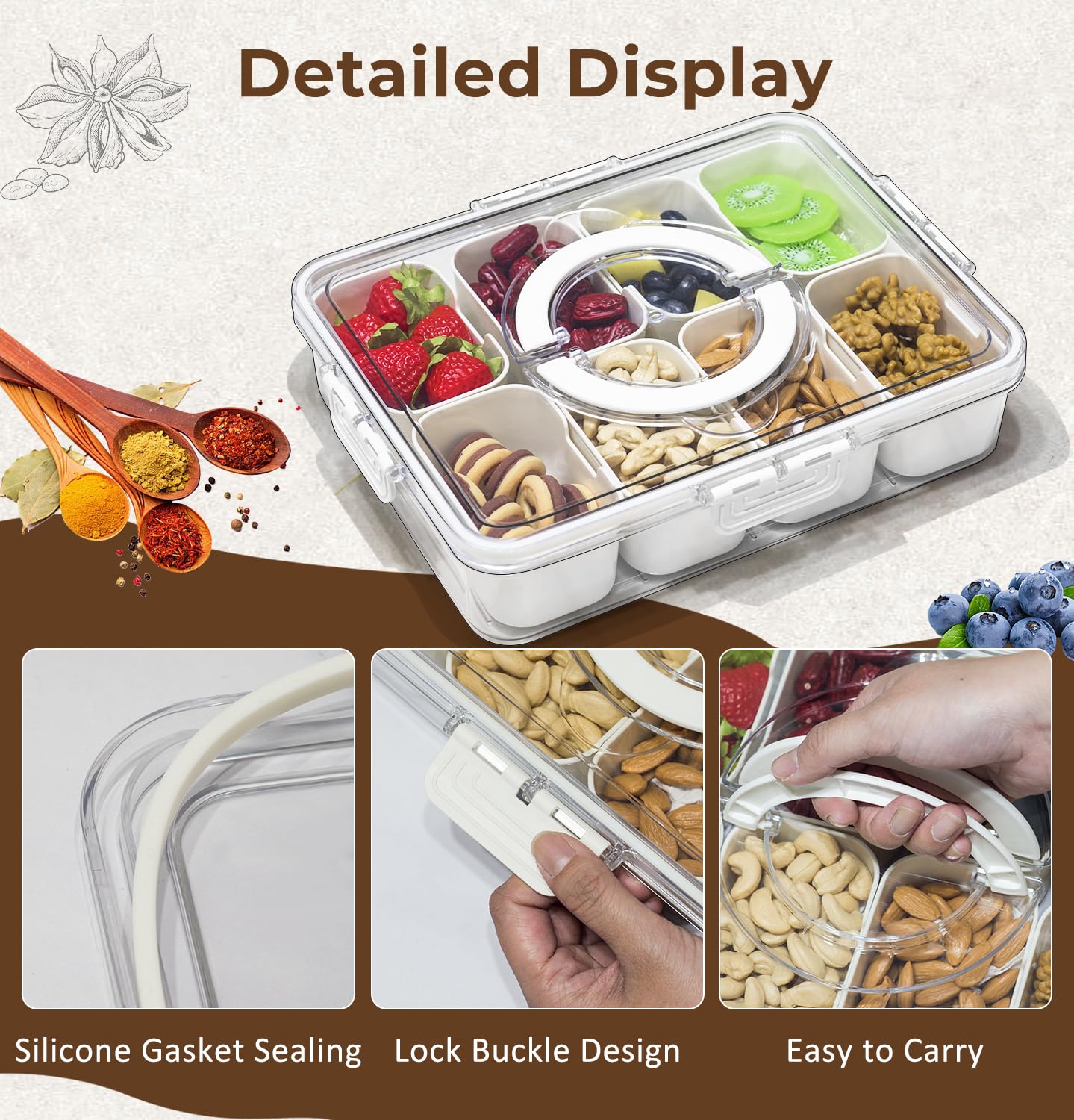Vassoio Portatili Con Coperchio E Manico - 8 Scomparti, Contenitore Per Snack, Frutta E Verdura, Ideale Per Picnic E Feste