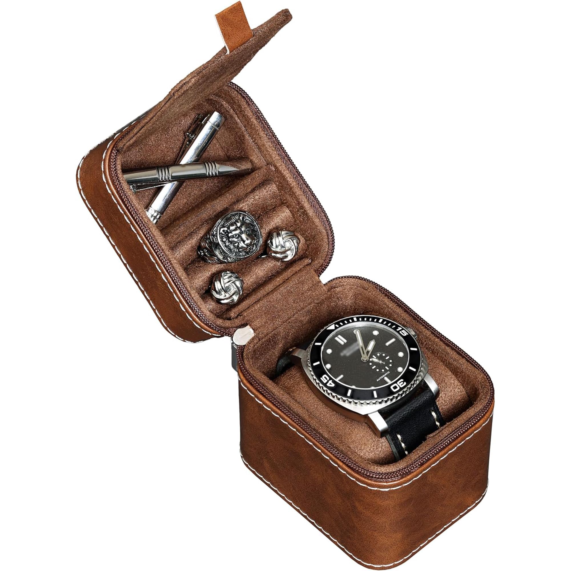 ROTHWELL Single Watch Travel Case, Compact PU Leather Case with Microsuede Interior, Fits Watches and Smart Watches up to 55mm (Light Brown/Brown)