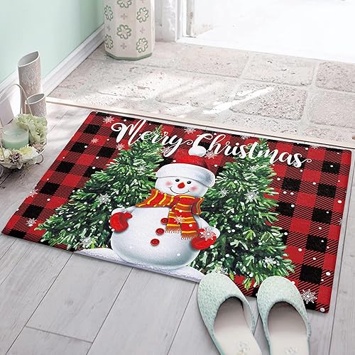 Alfombra de baño de muñeco de nieve de Navidad, tapete de baño lanudo con diseño de árbol de Navidad, muñeco de nieve, rojo y negro, a cuadros,