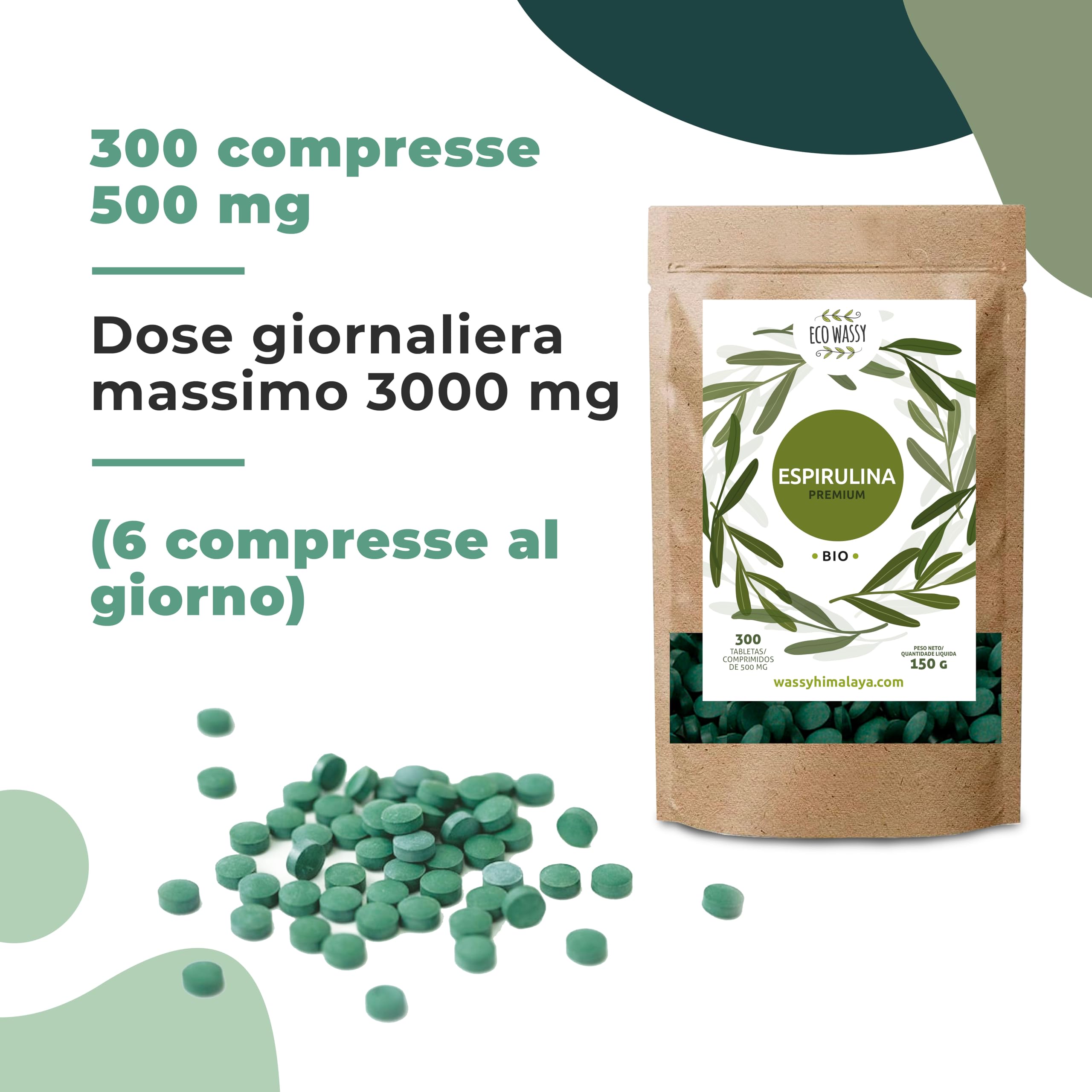 Spirulina Organica 300 Compresse. Dose Massima 3000 mg. 100% Alga Spirulina di Massima Purezza. Antiossidante, Naturale e Senza Additivi | Detox/Saziante/Vegano. Super Alimento in Pillola
