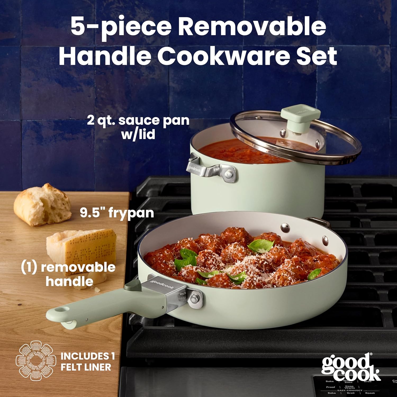 GoodCook Ceramic Cookware Set 5-Piece with Removable Handle, Induction Compatible, Nonstick and Oven Safe with 9.5-Inch Frypan, Sage Green