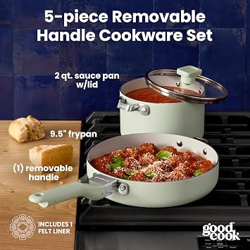 GoodCook Ceramic Cookware 5 Piece Cookware Set with Removable Handle, Induction Friendly, Nonstick and Oven Safe with 9.5 Inch Frying Pan, Sage Green