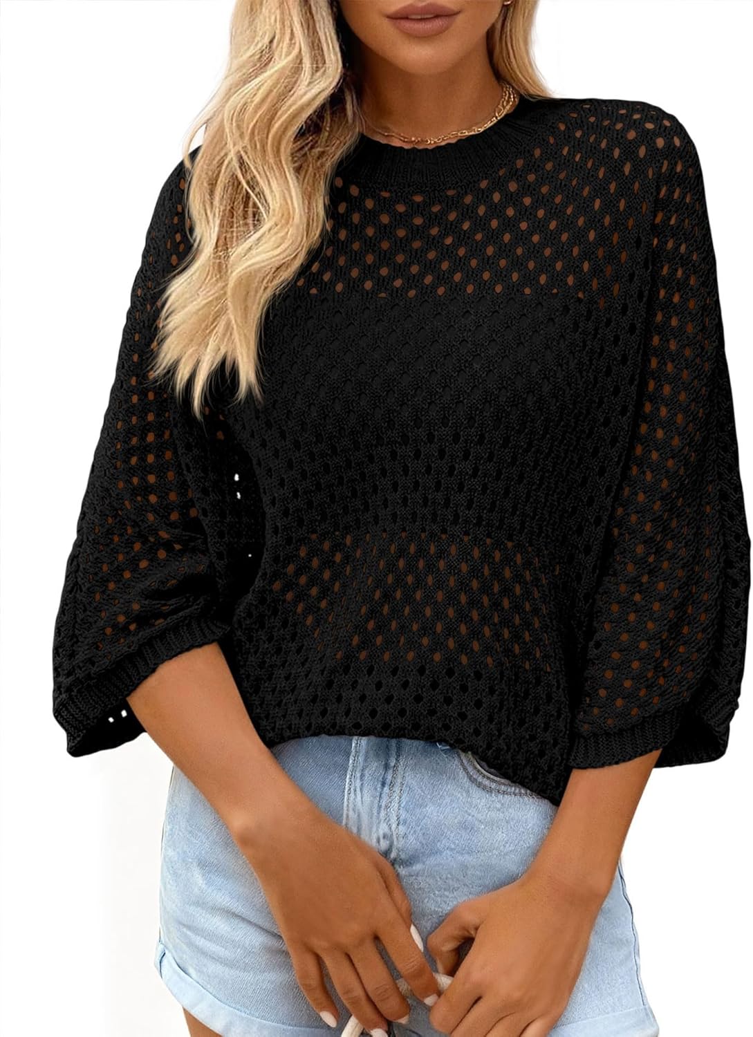 KIRUNDO Crochet Tops for Women Summer Hollow Out Batwing Sleeve Cover Up Cute Pullover Sweater Shirts Beach Vacations Clothes
