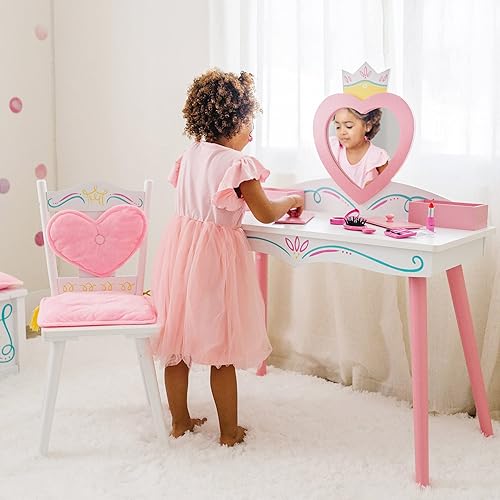 Miniatura 2 de Wildkin Juego de tocador y silla de madera de princesa para niñas, con espejo y joyero adjunto y caja de música, incluye silla a juego con respaldo