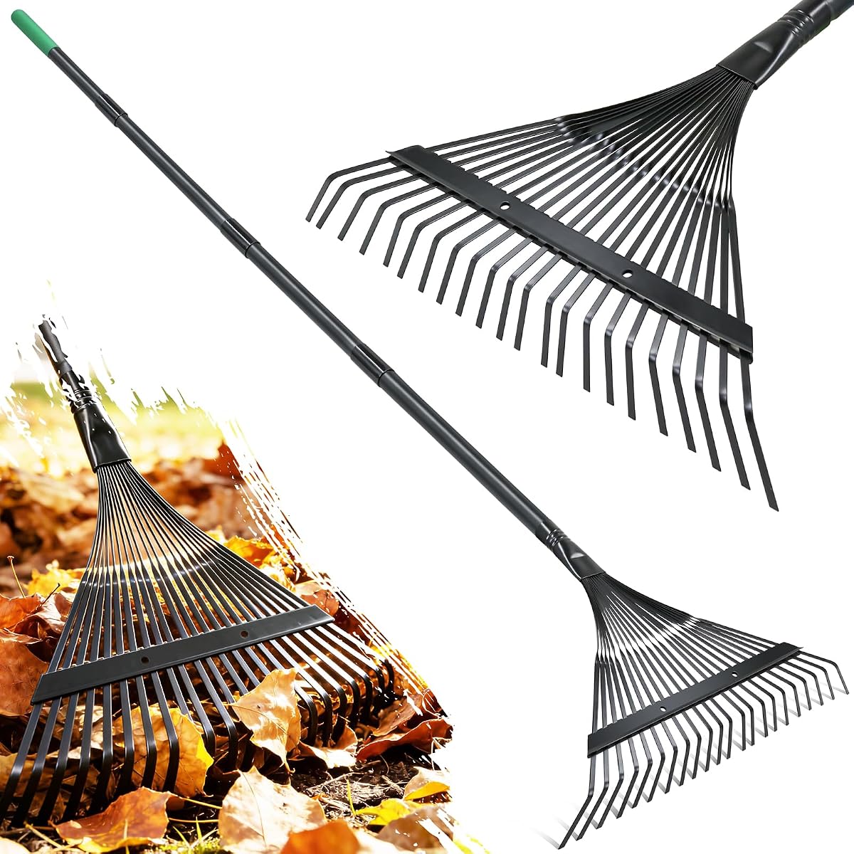 Garden Leaf rake, 6FT Rake for Lawns Lightweight 22 Metal Tines 16.3 inch Wide, Adjustable Steel Handle, Rakes for Leaves, Gathering Shrub, Grass, Weeds, Debris,Yard