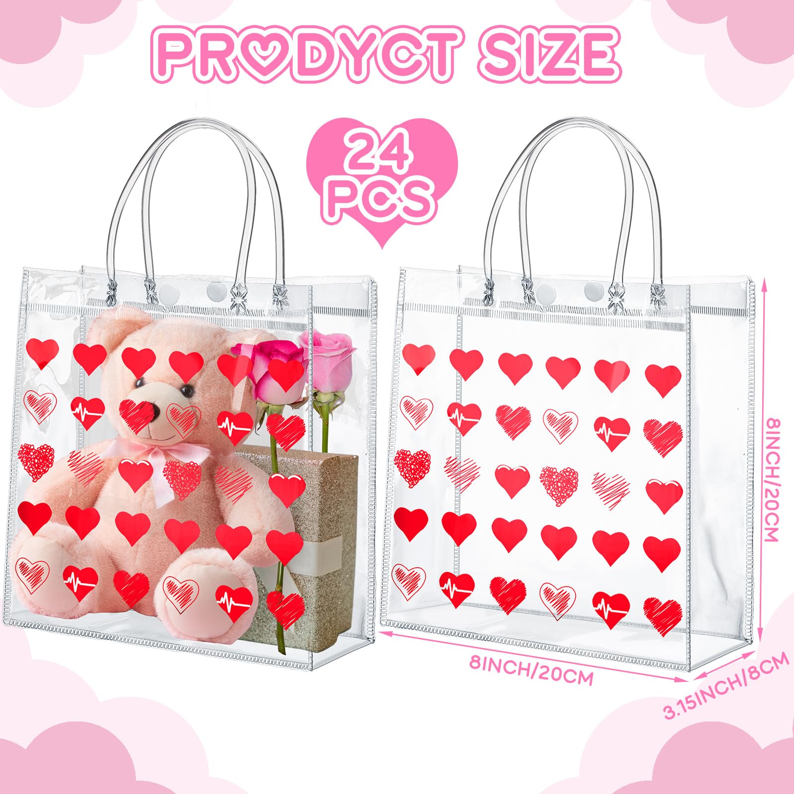 Uiifan 24 Valentines Day Clear PVC Gift Bags Valentines Transparent Heart Sayings Gift Bags with Handle Galentines Day Gifts Reusable Wrap Tote(Red)