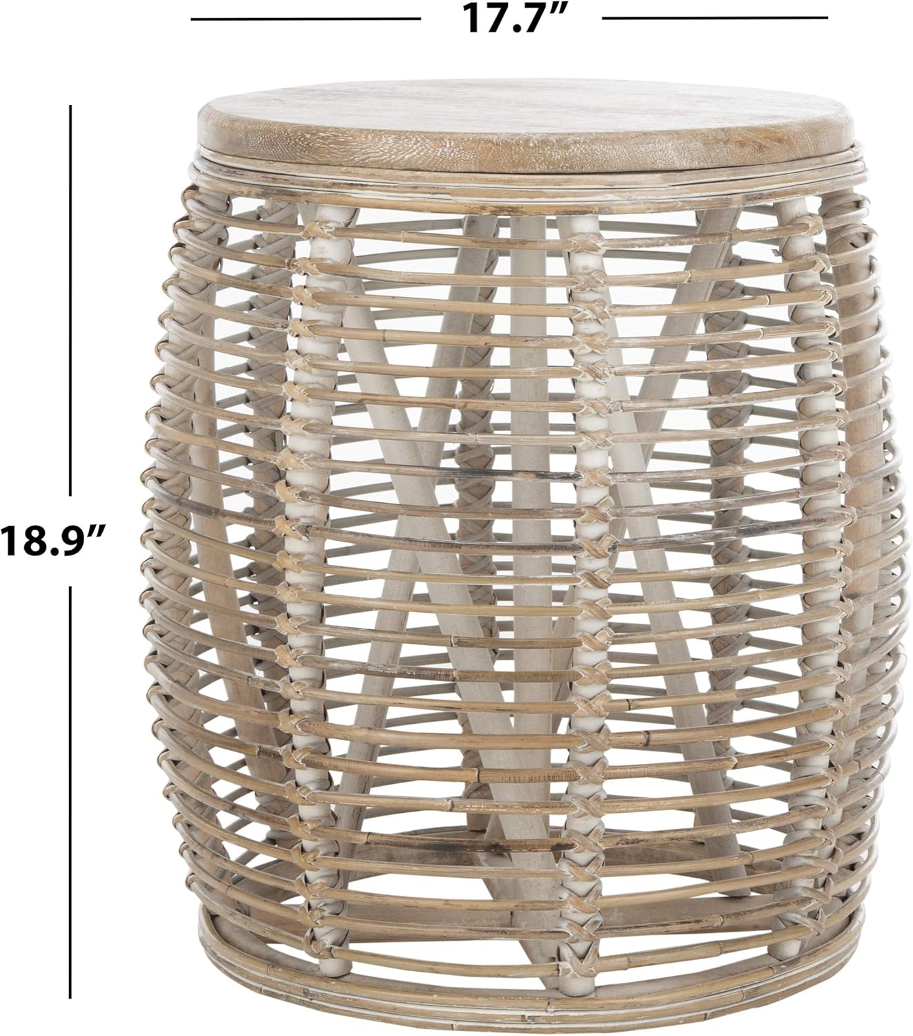 SAFAVIEH Home Collection – Maui Grey & White Washed Rattan Drum Accent Table Stool, Fully Assembled (STL6500A)