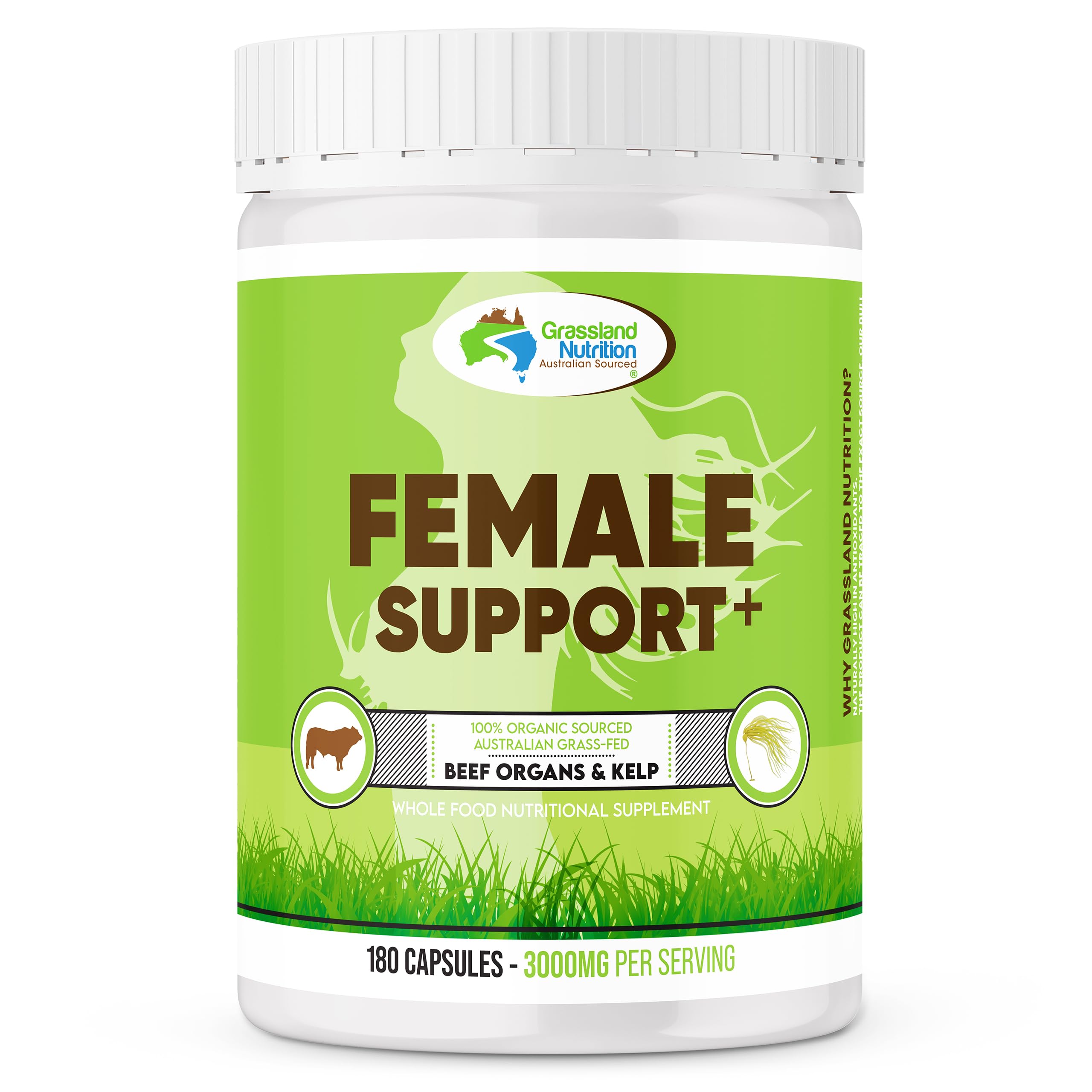 GRASSLAND NUTRITION 100% Organic Australian: Female Support Beef Organ Blend - High in CoQ10, B12, Iodine (180 Capsules)