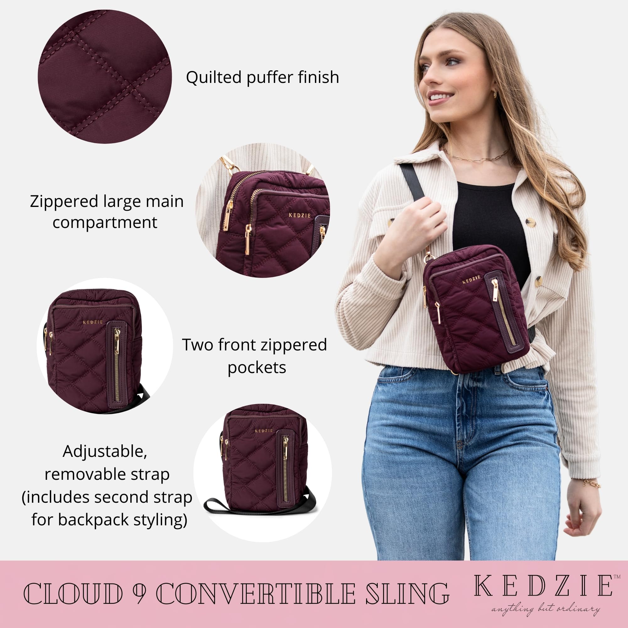 KEDZIE Quilted Puffer Cloud 9 Convertible Sling Bag Backpack Purse Lightweight for Women - Black