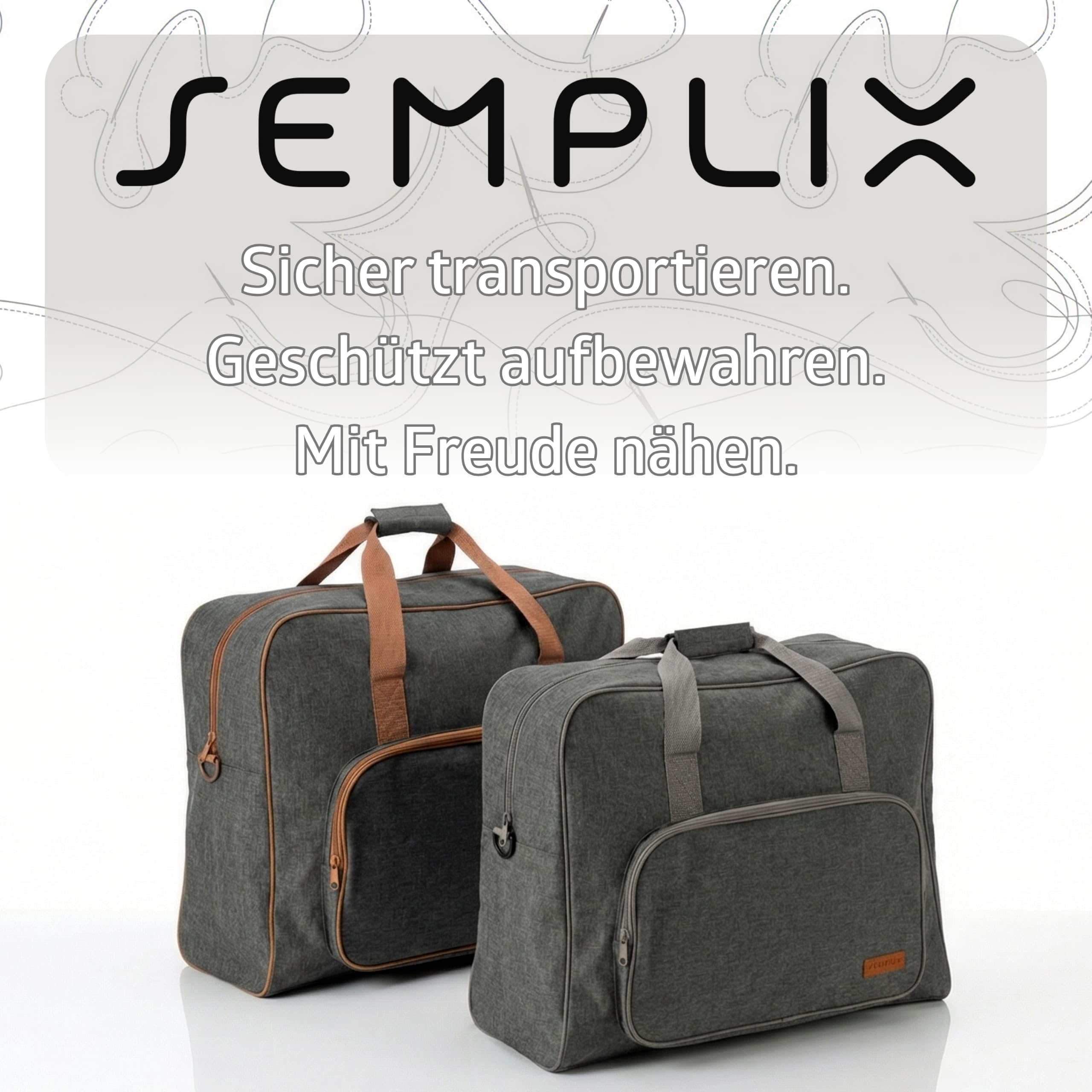 SEMPLIX Nähmaschinentasche XL – Große Transporttasche für Haushaltsnähmaschinen, Stabiler Boden, viel Stauraum, Tragegriffe anthrazit/braun (52 x 40 x 27 cm)
