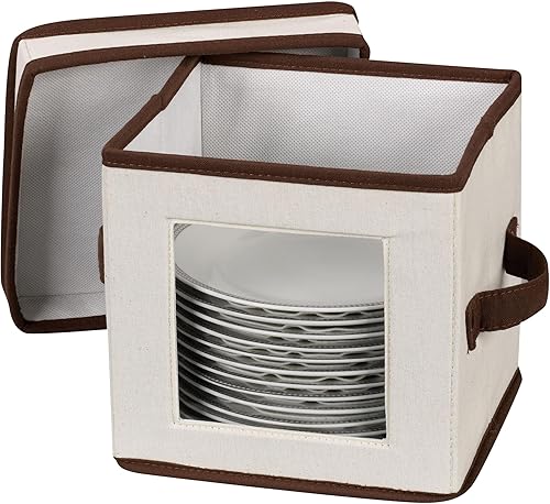 Miniatura 6 de Household Essentials 534 - Caja de almacenamiento de vajilla con tapa y asas Cofre para platos de ensalada Lona natural con ribete marrón