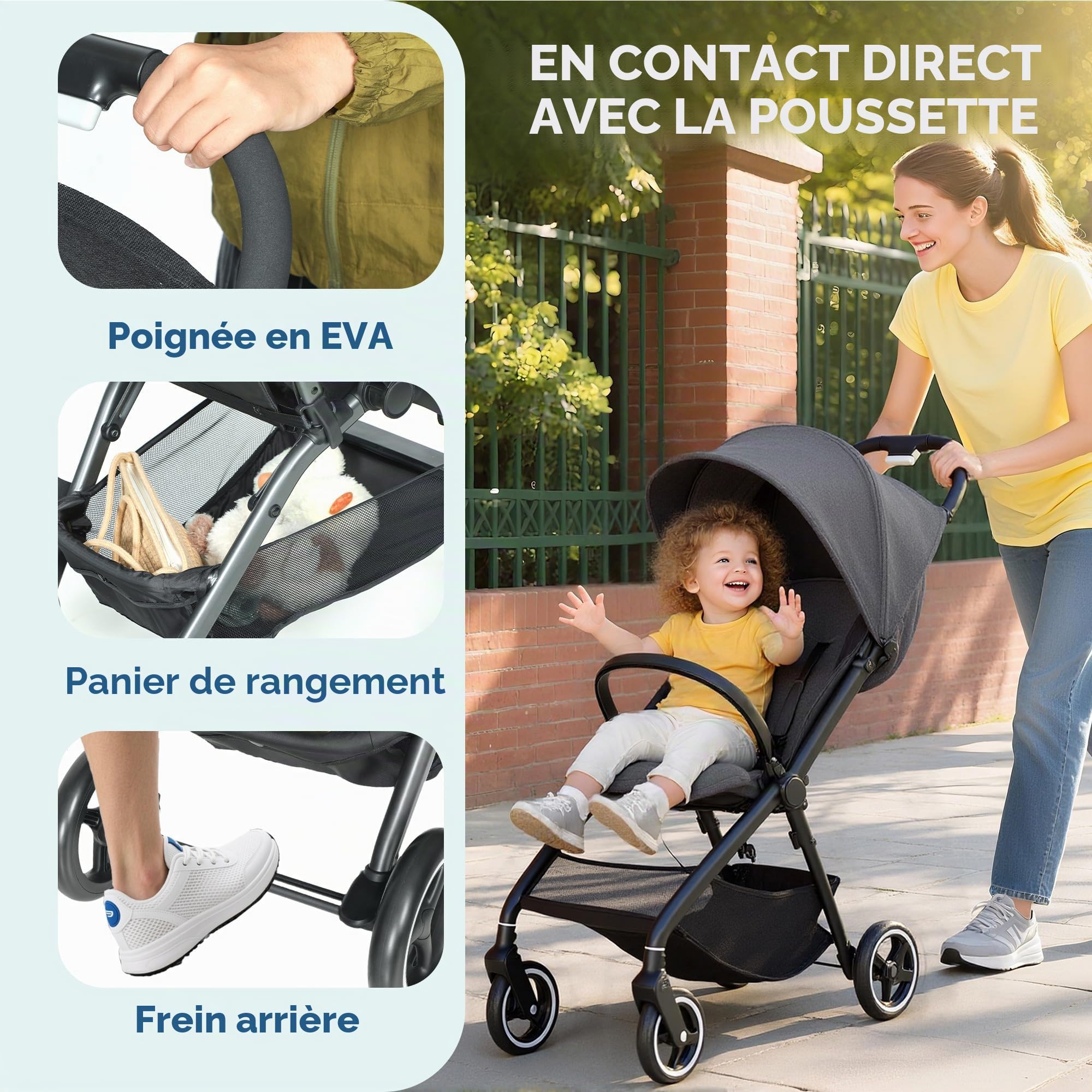 AIYAPLAY Poussette légère 6,3 kg pliable d'une main Gris | 0-3 ans, inclinaison compacte, repose-pieds réglable, auvent, roues, panier de rangement, jusqu'à 15 kg
