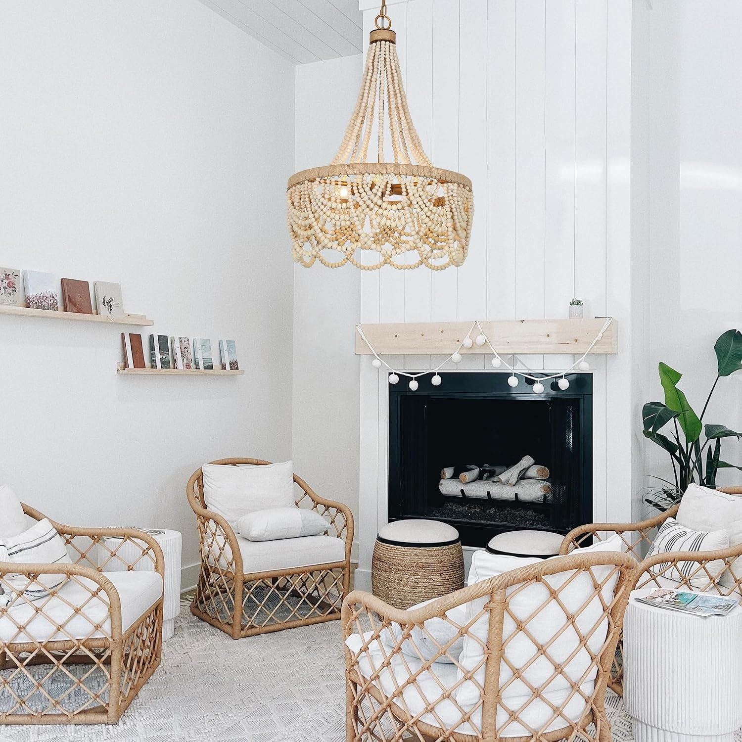 Wood Beaded Chandelier, Large 3 Light White Boho Chandelier Light Fixtures Gold Bohemian Chandelier for Living Room Bedroom Dining Room, Solid Wood Beads and Natural Hemp Rope