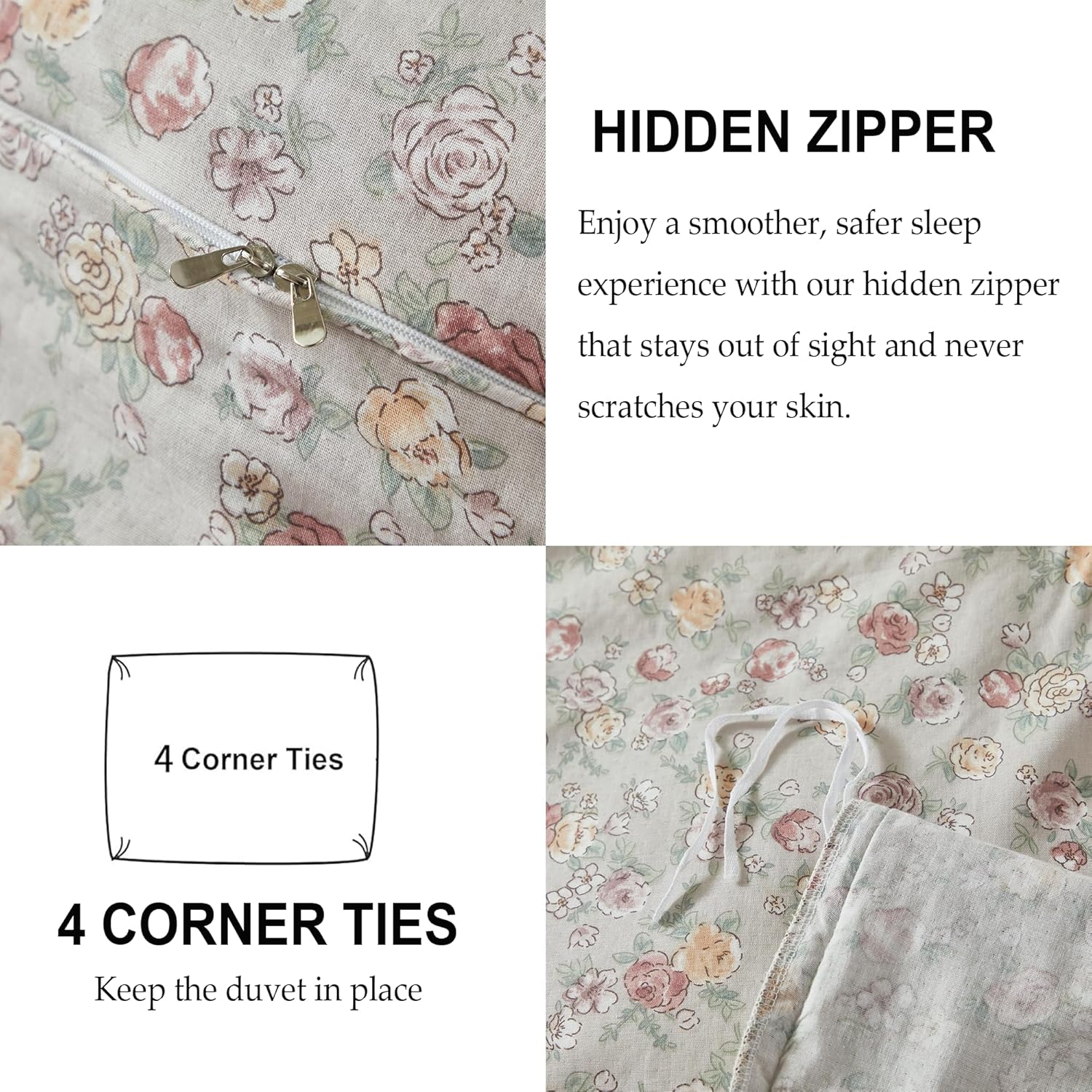 FADFAY King Duvet Cover Set - 100% Muslin Cotton Double Gauze, Ultra Soft Breathable Cloud Bedding, Light Grey Floral Cottagecore Design, 3-Piece Luxury Shabby Chic Comforter Cover with Zipper