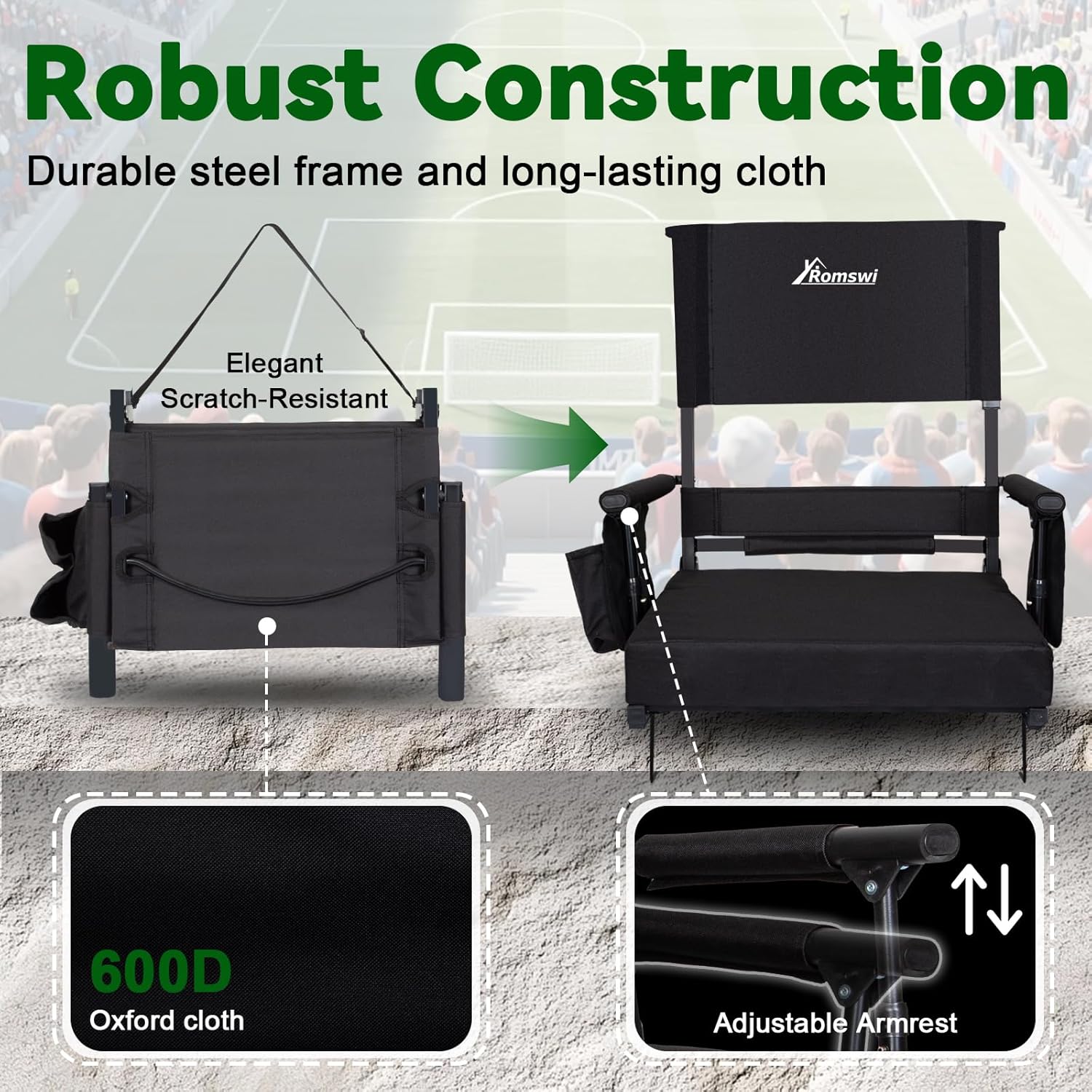 Romswi 2-Pack Height Adjustable Stadium Seats for Bleachers, 3" Extra Thick Cushion & High Back Support, 400LBS Heavy Duty Portable Bleacher Chairs with Armrests, Cup Holders, Storage Pockets