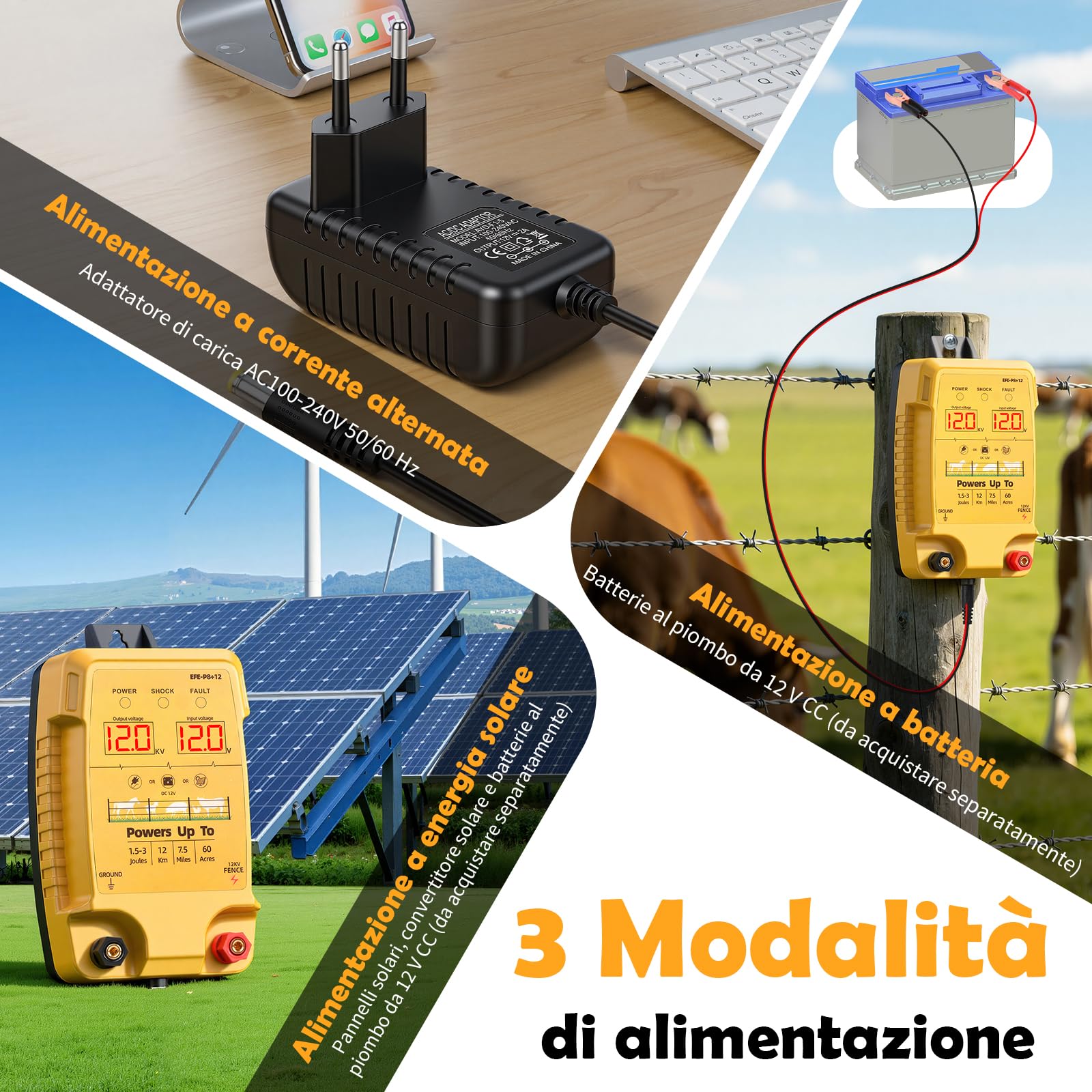 12KM Elettrificatore per Recinzione Elettrica, 12 kV 3,0 J Tensione di Uscita Recinto Elettrico per Animali con Schermo LCD, Protezione per Cavalli, Pecore, Giardini, Pascoli e Fattorie (Arancione)