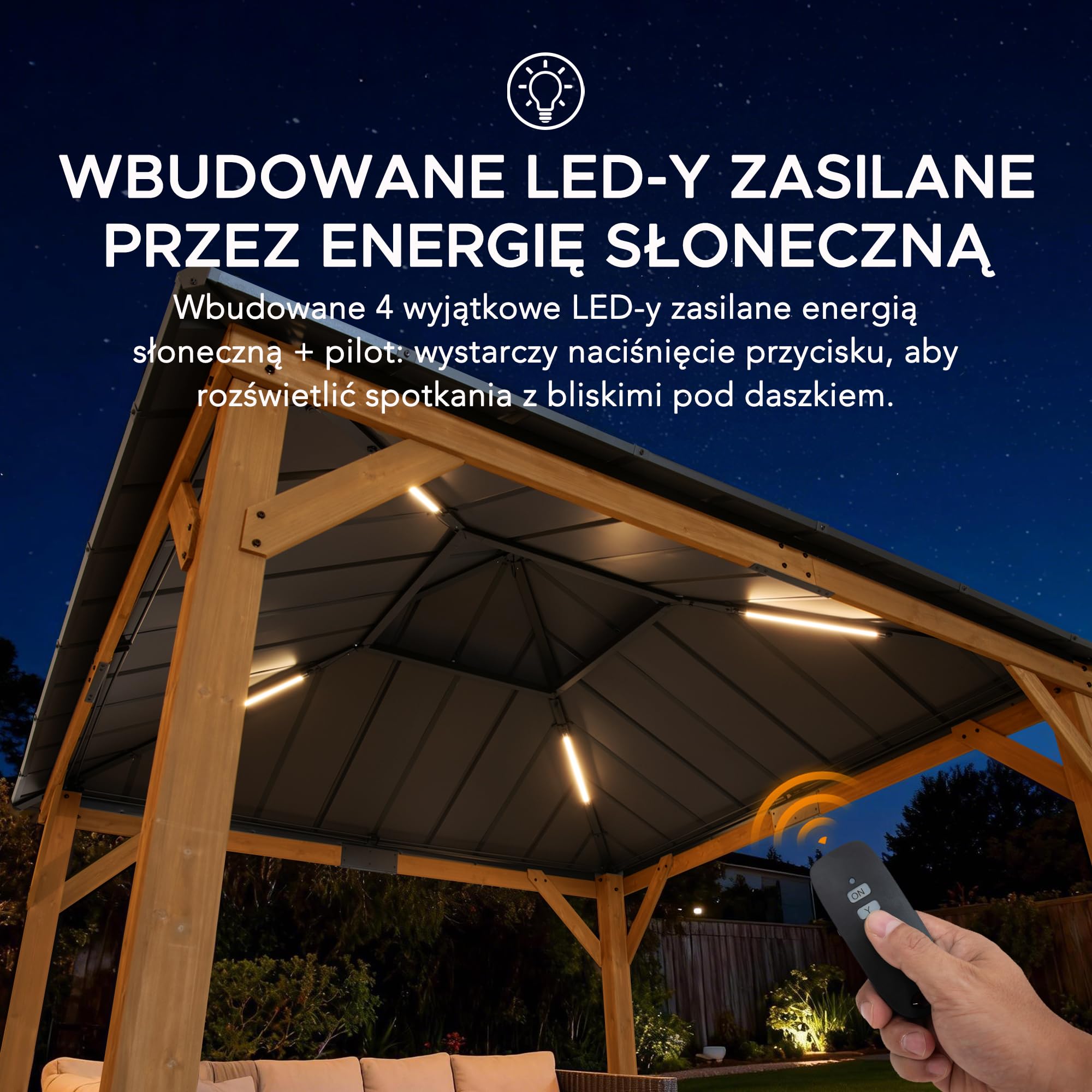SUNJOY Altana Drewniana z Solidnym Daszkiem 3,3x3,3m z Oświetleniem Solarnym, Stalowy Dach Czterospadowy & Wypełnienie z Poliwęglanu, Odporna na Śnieg & Promieniowanie UV, Trwała Altana Ogrodowa na Ta