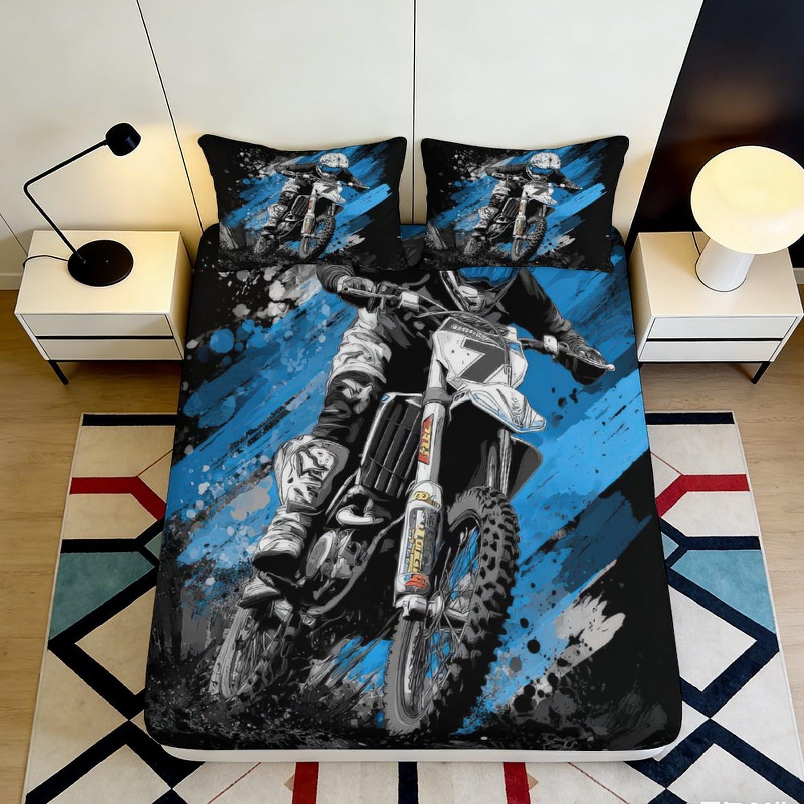 3D Printed Motocross Graffiti Fitted Sheet Microfiber Soft Blue Motorcycle Bed Cover for Bedroom Dorm Stylish Decor 90x200x25cm