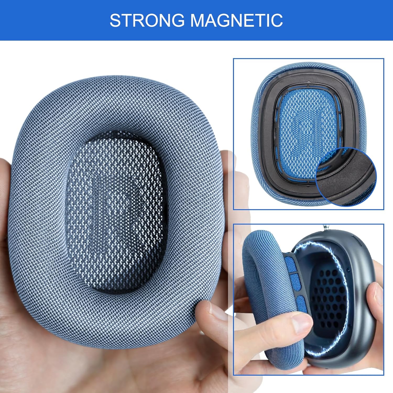 Upgraded Ear Cushions for Apple AirPods Max, Mesh Fabric Ear Covers with Original Silicone Design Memory Foam for Airpods Max Headphones (Blue)