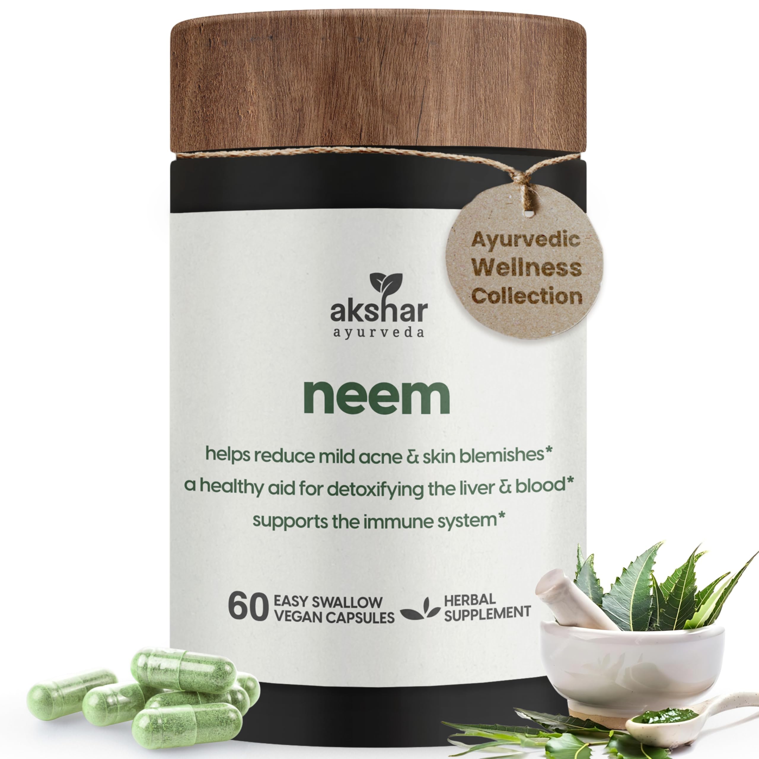 AKSHAR Ayurveda - Neem Capsules with Neem Extract and Neem Leaf Powder - Herbal Neem Supplement to Support Clear Skin Health and Detox - Vegan Cruelty-Free Neem Leaf Capsules (60 Count)