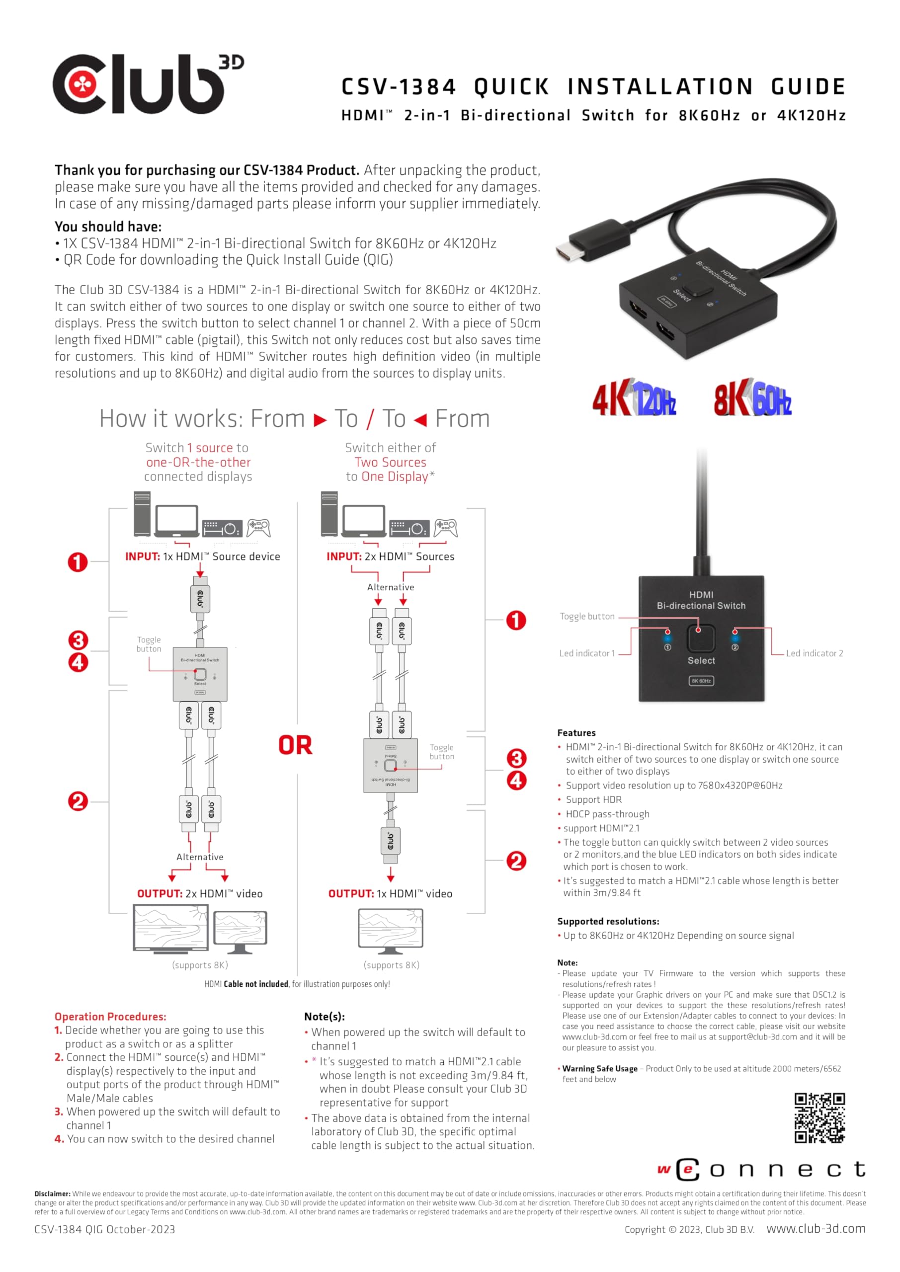 Club 3D CSV-1384 - Switch HDMI 2 in 1 uscita bidirezionale per 8K60Hz o 4K120Hz, supporto HDR e HDCP pass-through, 0,5 m