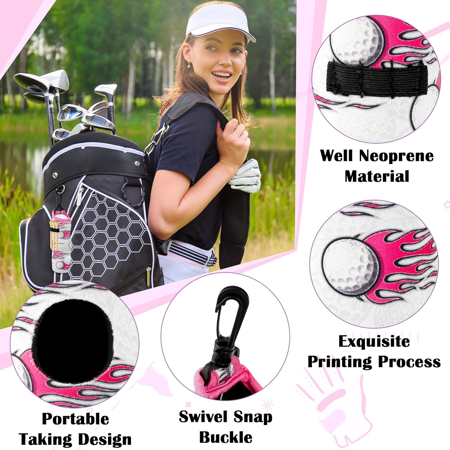 Golf Tee Pouch Bags - 4-Packs Pink Golf Ball Tee Carry Holder Bags Set with Clip Hooks Mother's Day for Women Girls Birthday Portable Golfer Club Accessories - Image 3