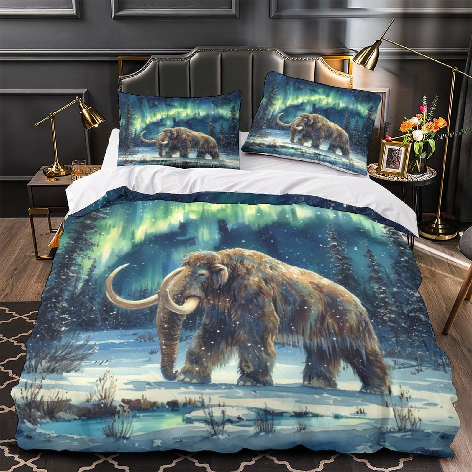 3-częściowy zestaw pościeli z nadrukiem mamuta, mamut, z mikrofibry, z zamkiem błyskawicznym, rozmiar king size (220 x 240 cm), dla nastolatków i dorosłych
