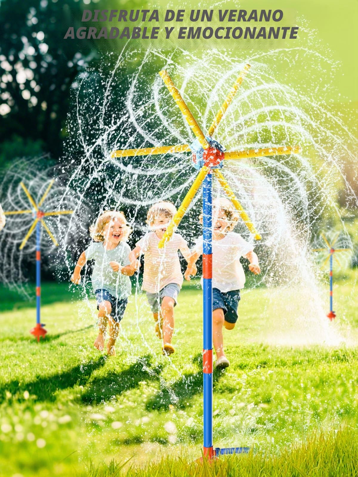 TERRAMUS Aspersor de agua con molinete de 59 pulgadas para niños, juguetes de verano, juguete de agua giratorio de 360°, doble cara mejorado con 6 aspas, juegos de jardín al aire libre, diversión de