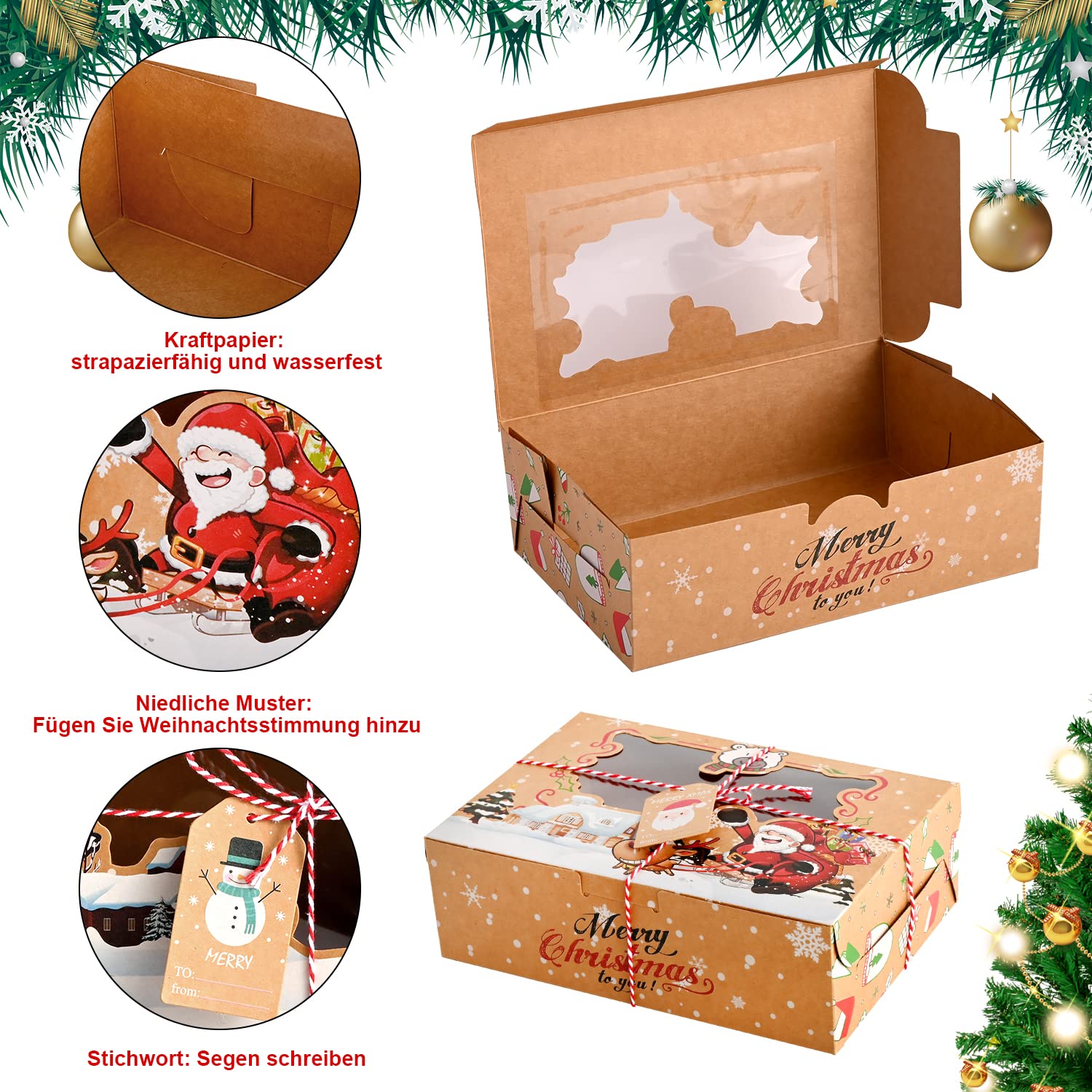 HOWAF 12Stk Weihnachts Kekskästen Boxen Weihnachten Kraft Geschenkboxen Mit Sichtfenster Keksschachtel Weihnachten Plätzchen Cupcake Box