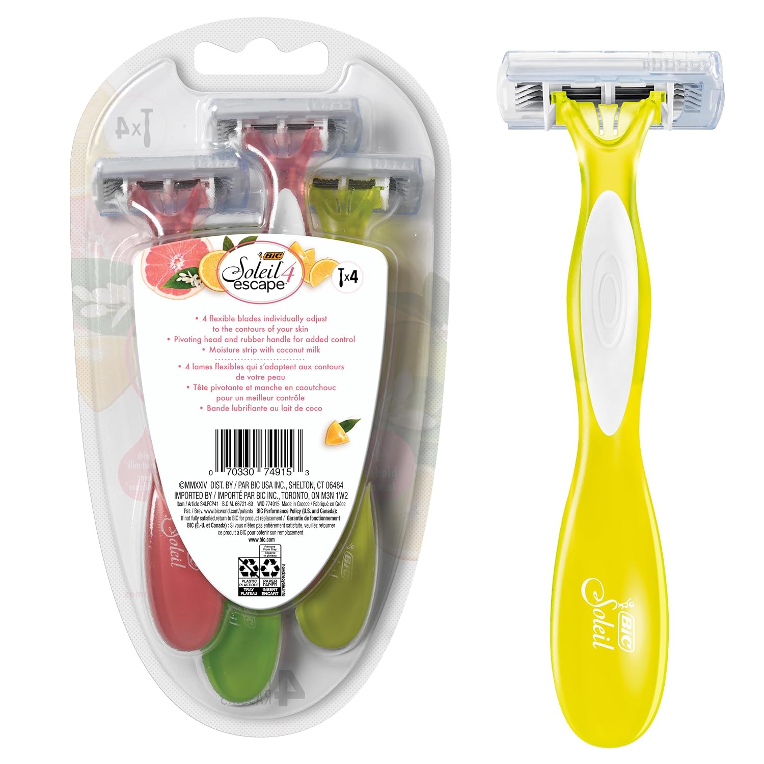 BIC Soleil 4 Escape Scented Women's Disposable Razors, 4 Blades, Comfortable Shave, Citrus Scented Handle Shaving Razors for Women, 4 Count