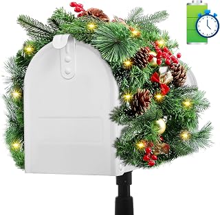 Riceshoot Pre Lit Artificial Christmas Mail Box Swag with Lights Berry and Pine Cones, 35.4 Inch Timed Mailbox Swag Christmas Mailbox Decoration Indoor Outdoor for Xmas Home Decor