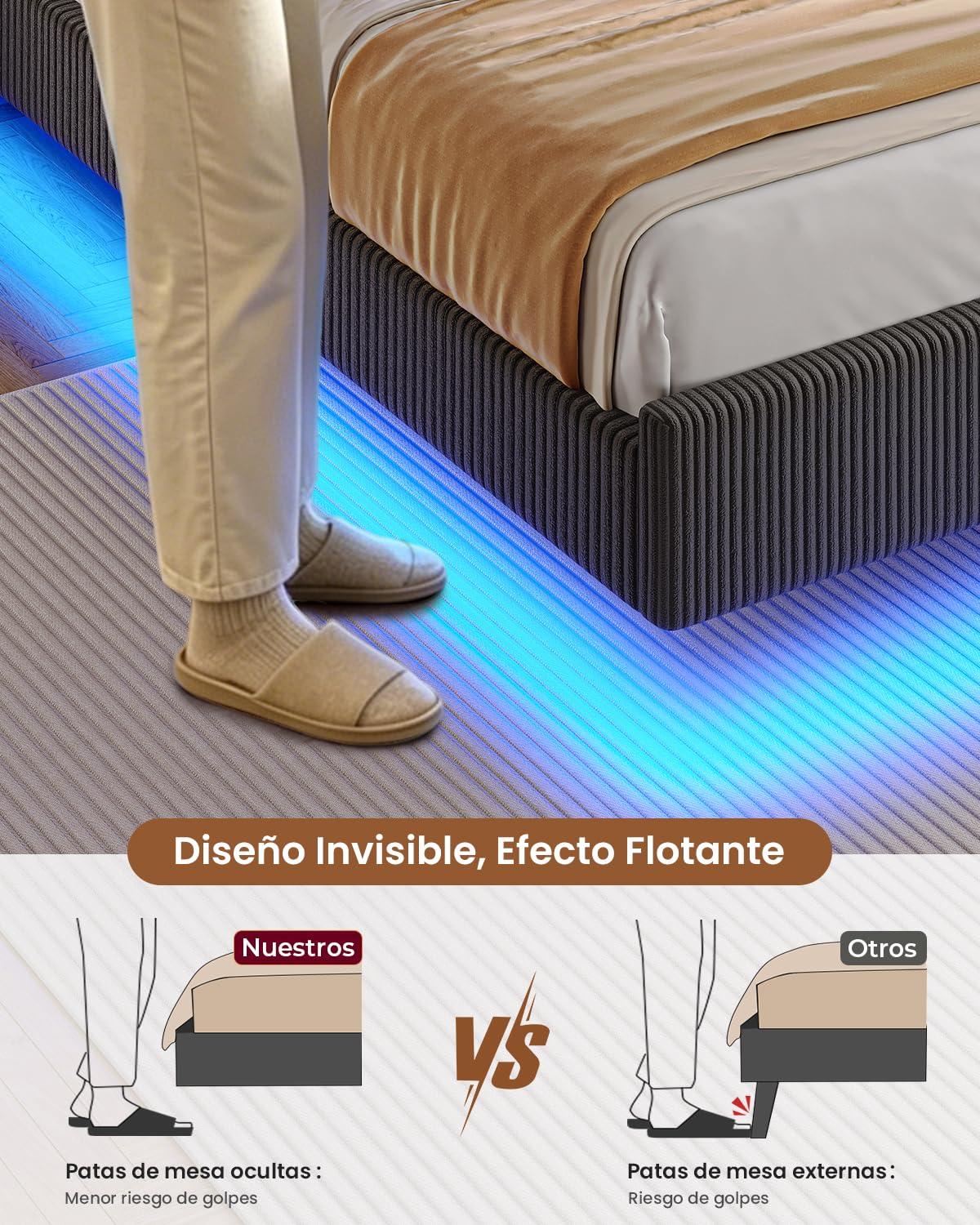 AOGLLATI Cama Matrimonio 180x200 con Almacenamiento Pana Gris Oscuro | Cama con Efecto Visual Levitante Cama con 270°LED y Estación de Carga, Cama Juvenil con Cabecero Marco de Cama Canape