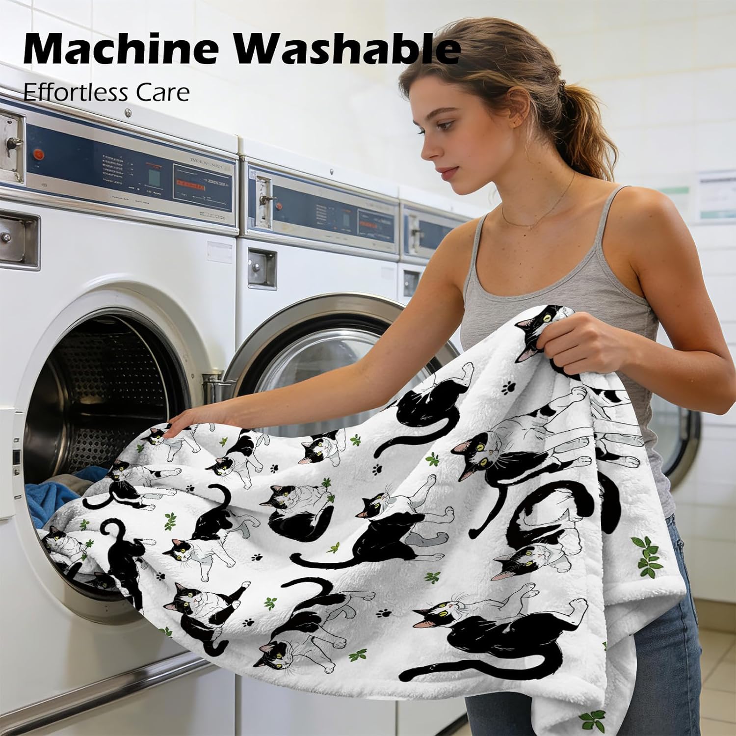 Cat Lover Gifts for Women Men - 50x60 Inch Black and White Cats Throw Blanket, Super Soft Flannel Fleece Cozy Blanket for Couch, Black Cat Themed Gifts for Adults, Cats Mom Dad Present