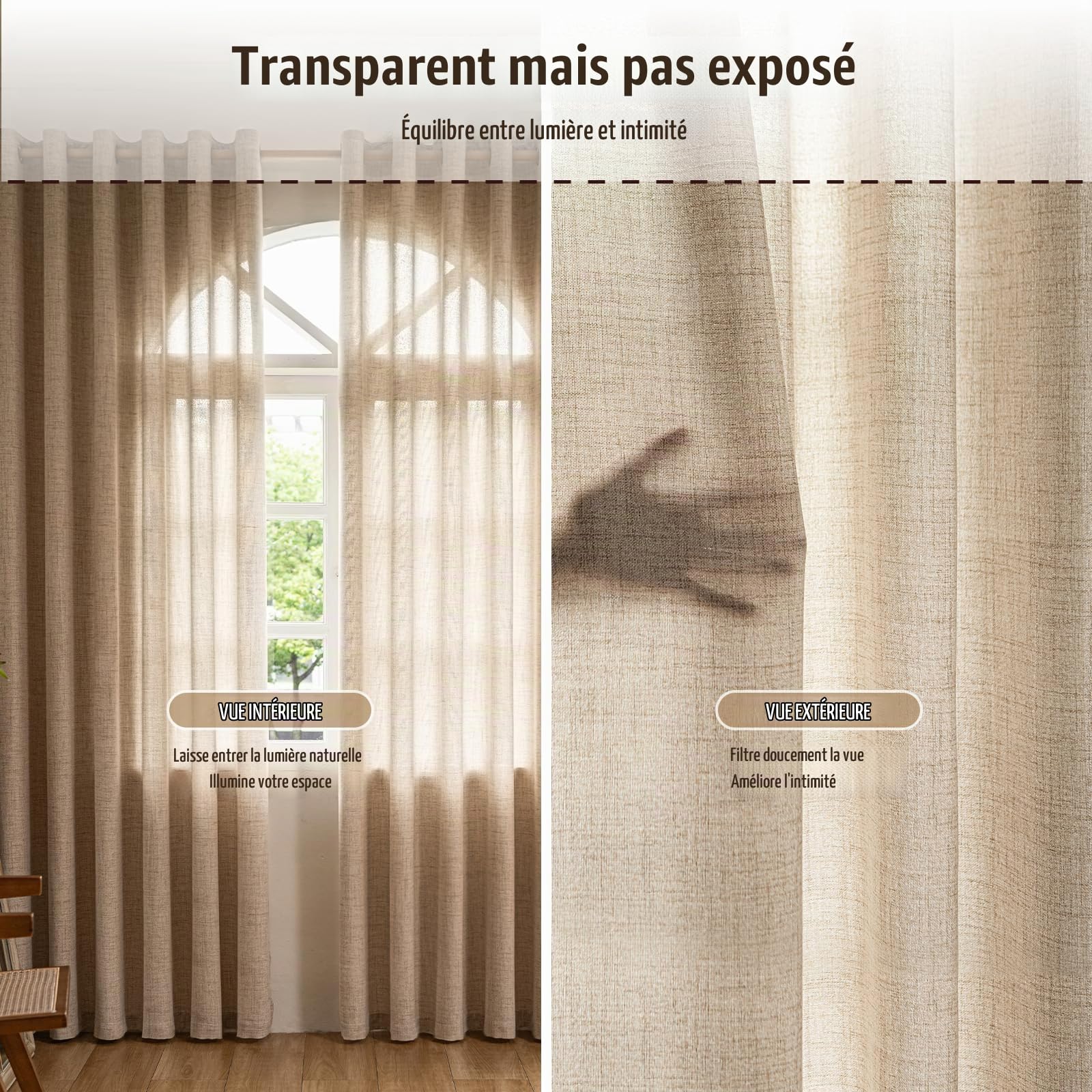 Rideau Voilage Translucide Lin à Œillets Lot 2 140x245 cm Lin Naturel | 230 GSM Tissu Épais | Aspect Lin Naturel | Filtre la Lumière du Jour & Préserve l’Intimité