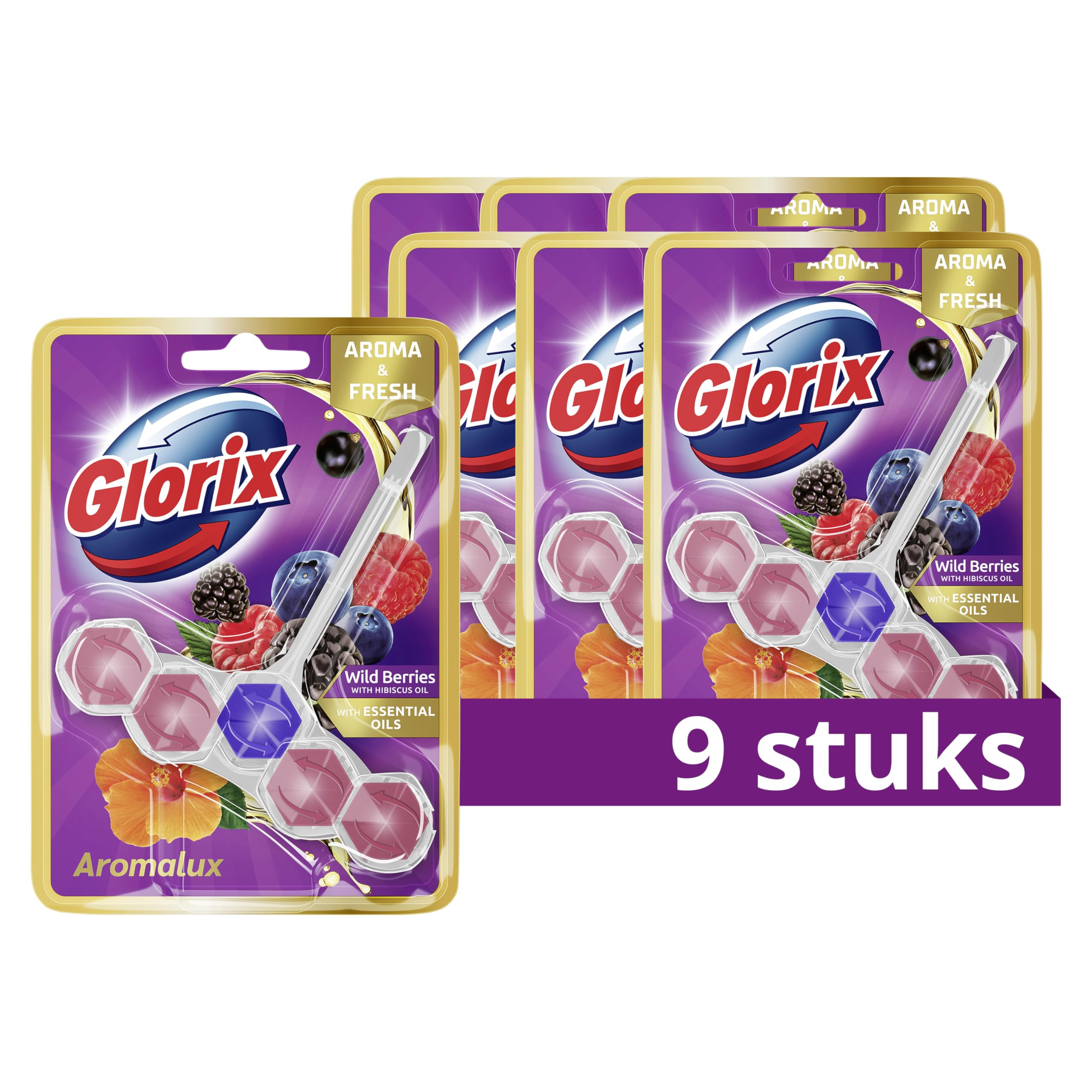 Glorix Aromalux Wild Berries en Hibiscus Oil Toiletblok, voor glans en een hygiënische reiniging, 9 stuks, Voordeelverpakking