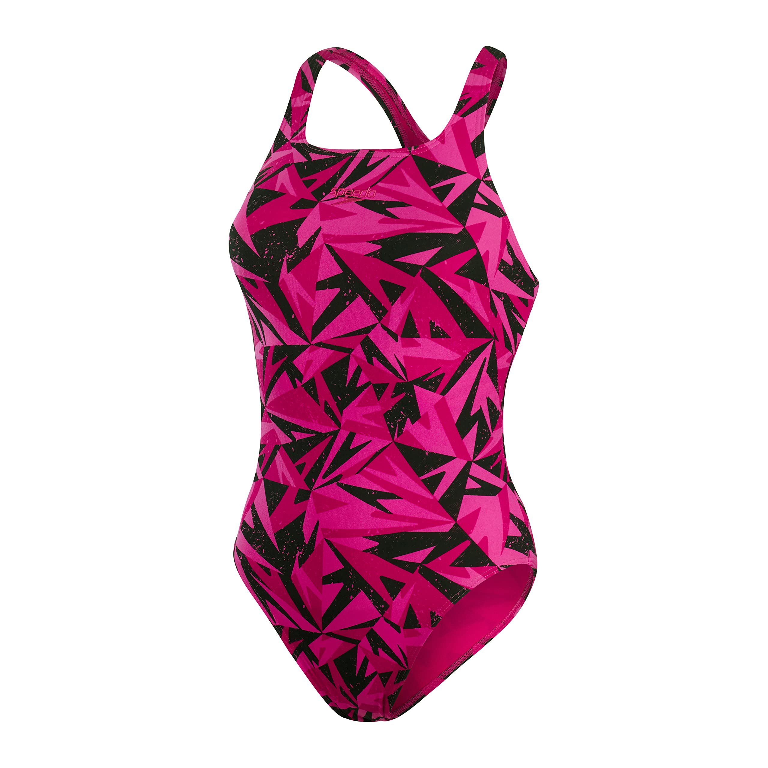 Speedo Women's Boom Logo Allover Medalist Swimsuit | Quick Drying | Fitness | Lined | Chlorine Resistant Swimsuit, Hyper Black/Elec Pnk/Ecstatic, 28