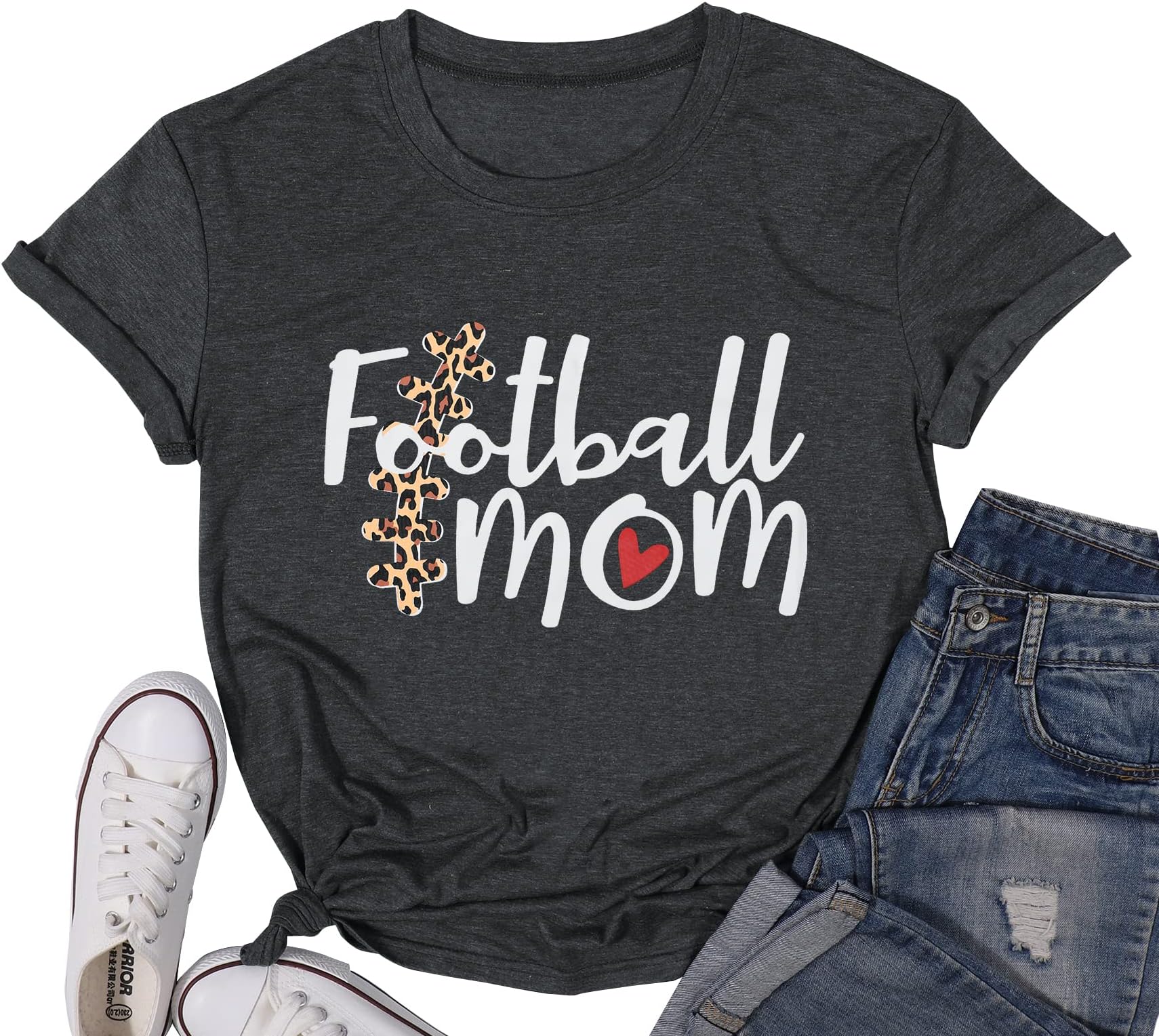 Football Mom T-Shirt Women Leopard Graphic Football Tee Top Game Day Shirts Casual Short Sleeve Football Shirts