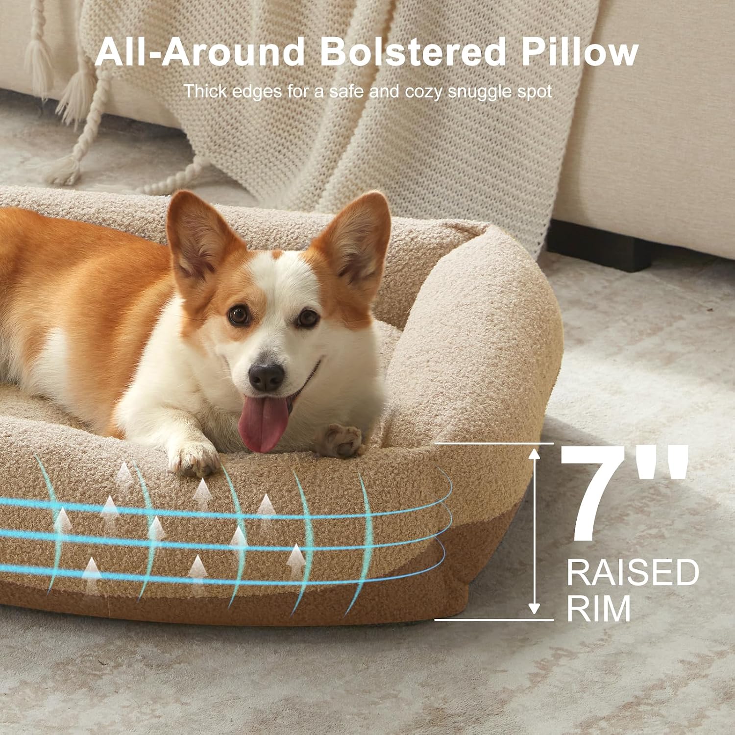 FURTIME Washable Dog Bed Medium Size Dogs, Rectangle Comfy Fluffy Small Dog Bed, Removable Zipper Cover Machine Wash, Orthopedic Bed Durable Pet Cuddler with Anti-Slip Bottom, 25x21x7 in, Beige