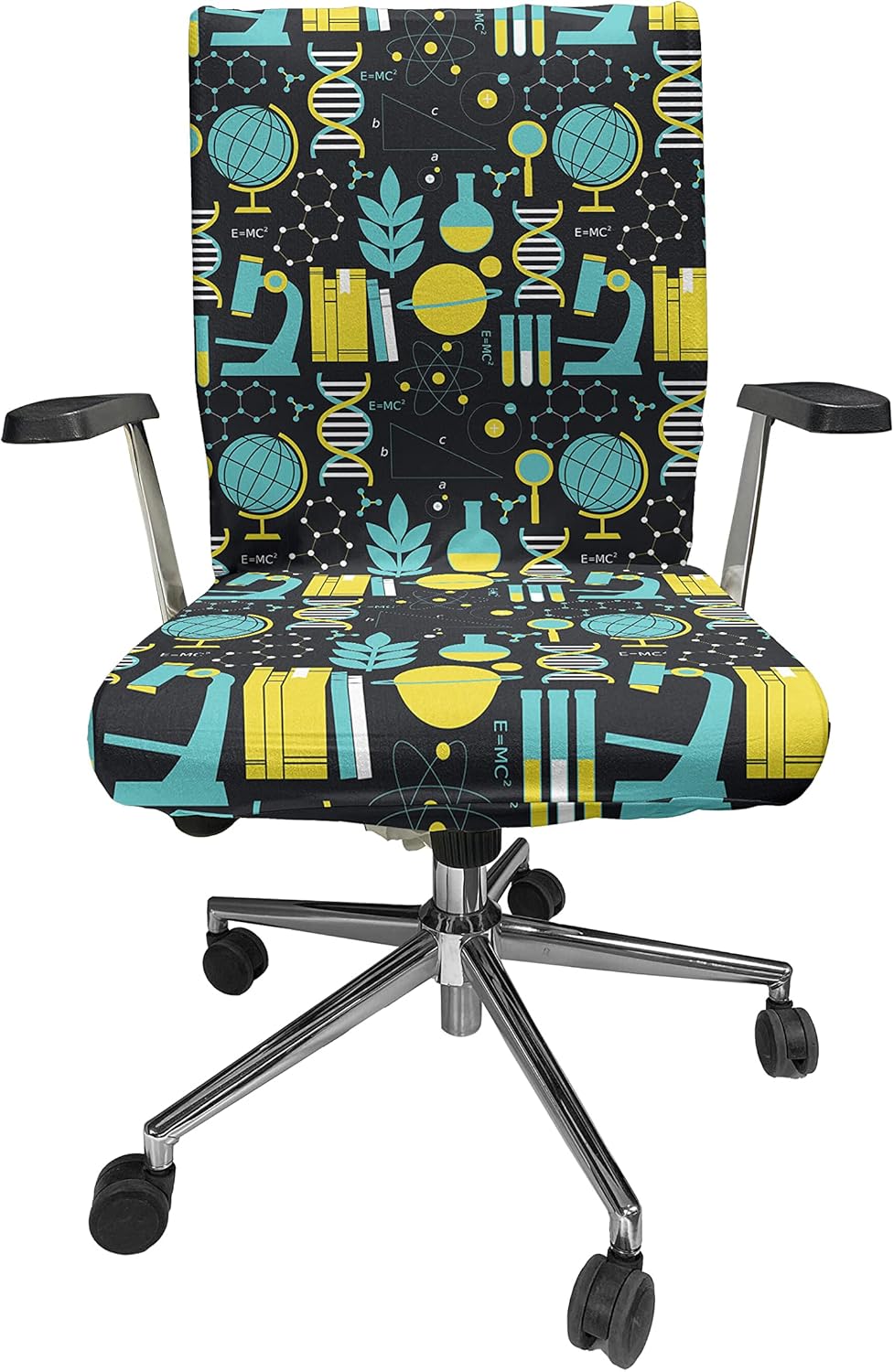 Ambesonne Office Chair Cover, Science Themed Biology Chemistry and Physics Protons Neutrons, Stretchable Decorative Universal Size High Back Printed Slipcover, Turquoise Yellow
