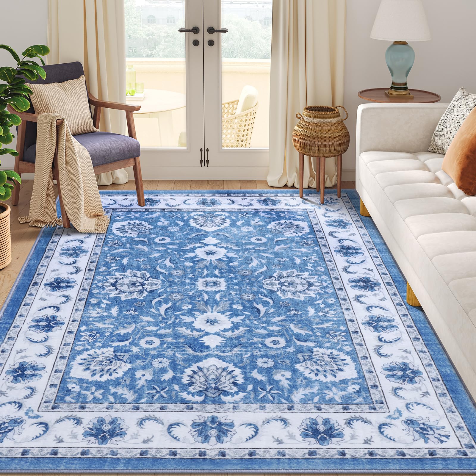 Smiry Floral Area Rug 5x7 Feet Vintage Print Pattern Machine Washable Non-Slip Floor Carpet Low Pile Throw Rugs