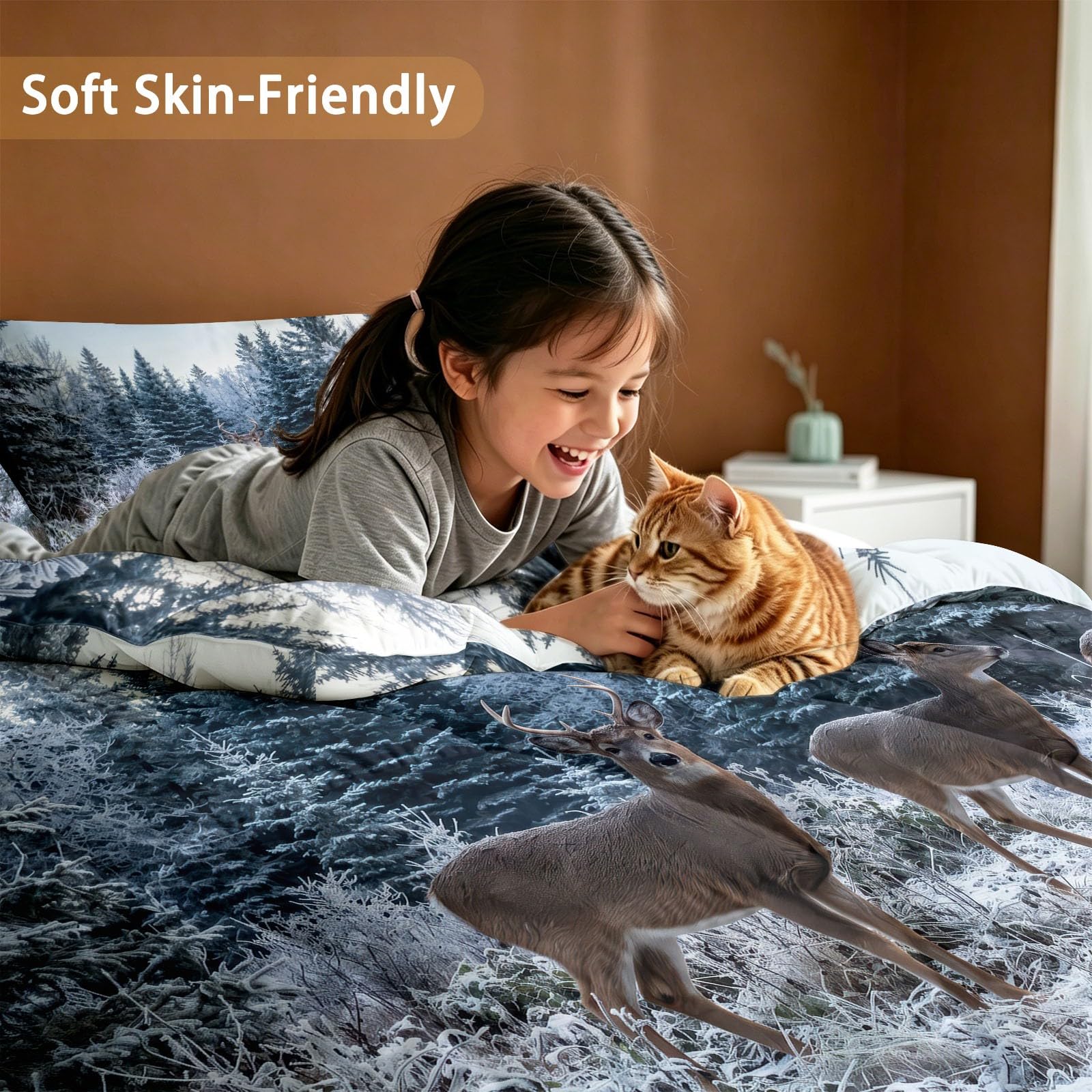 Edredón sin funda de edredón individual de 4,5 tog, 135 x 200 cm, acolchado natural de verano, rebaño de ciervos y paisaje de invierno, manta reversible de paisaje de animales para habitación de