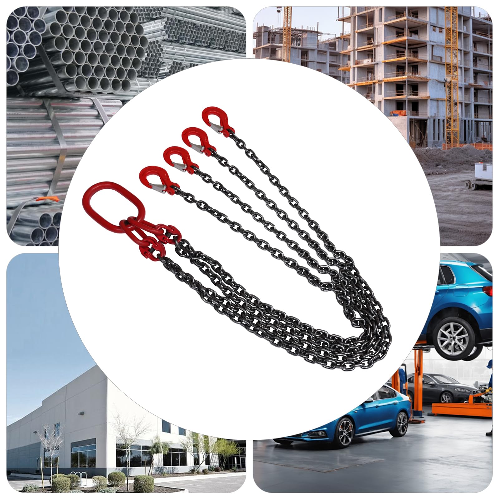 Catena a 4 fili, lunghezza 150 cm, capacità di carico 5 T, in acciaio legato, catena di arresto per gru, catena con gancio a forcella per macchine, fabbriche, magazzini, garage
